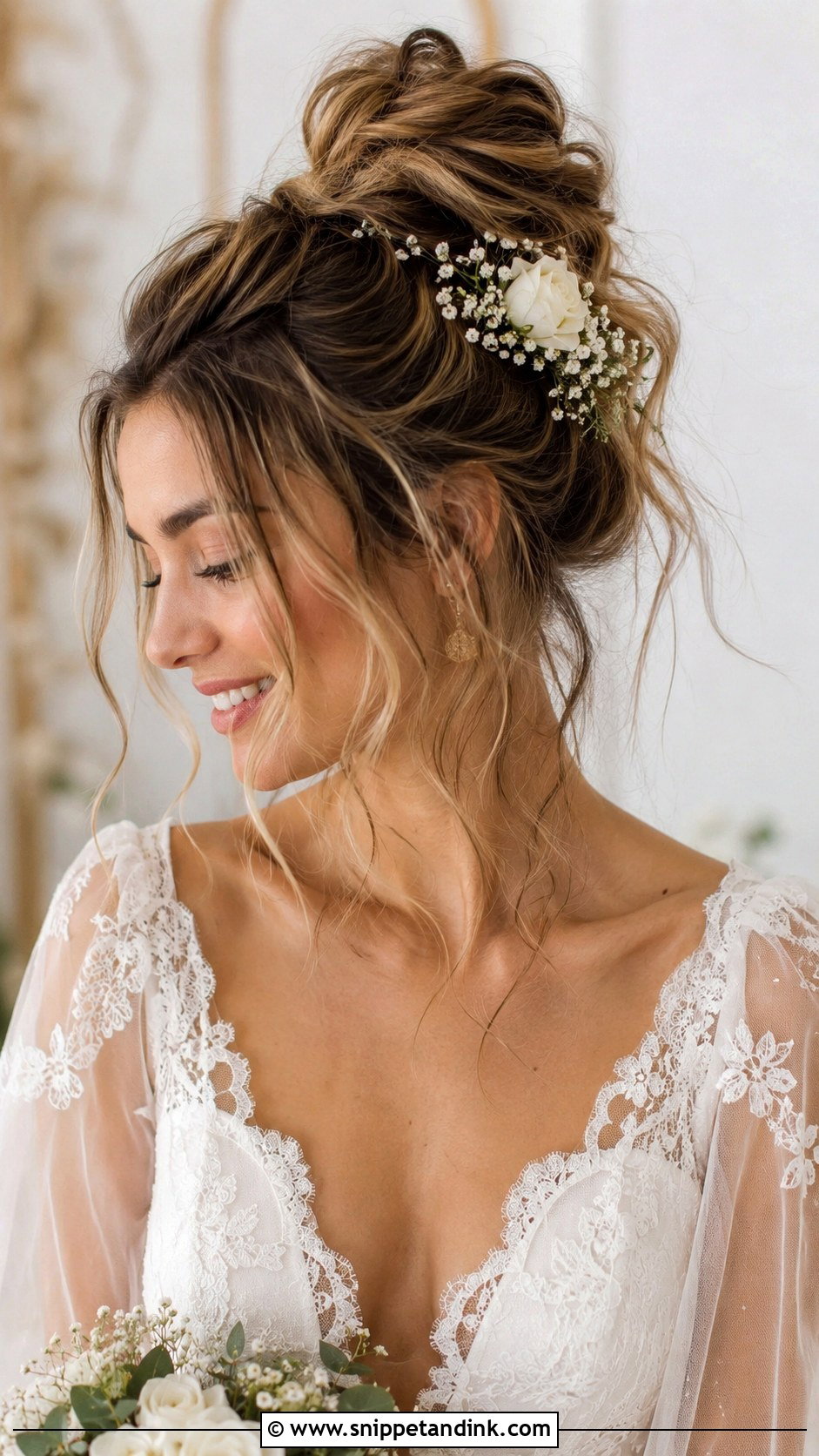 Messy High Bun With Face Framing Tendrils - Snippet and Ink - 20 Modern Wedding Hairstyles