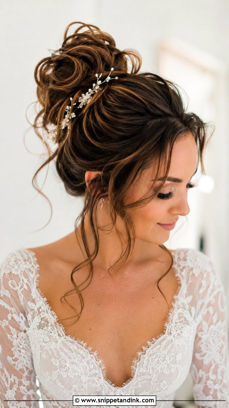 Messy High Bun With Face Framing Tendrils - Snippet and Ink - 25 Brunette Wedding Updo Ideas