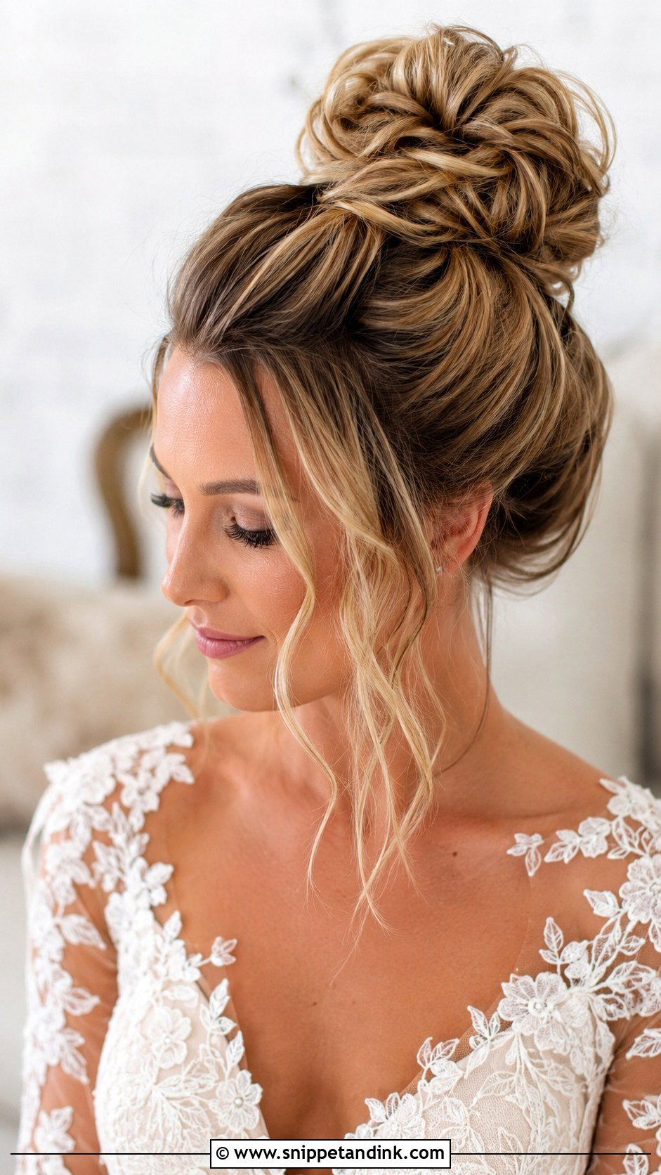 Messy High Bun With Face Framing Tendrils - Snippet and Ink - 30 Brides Hairstyles