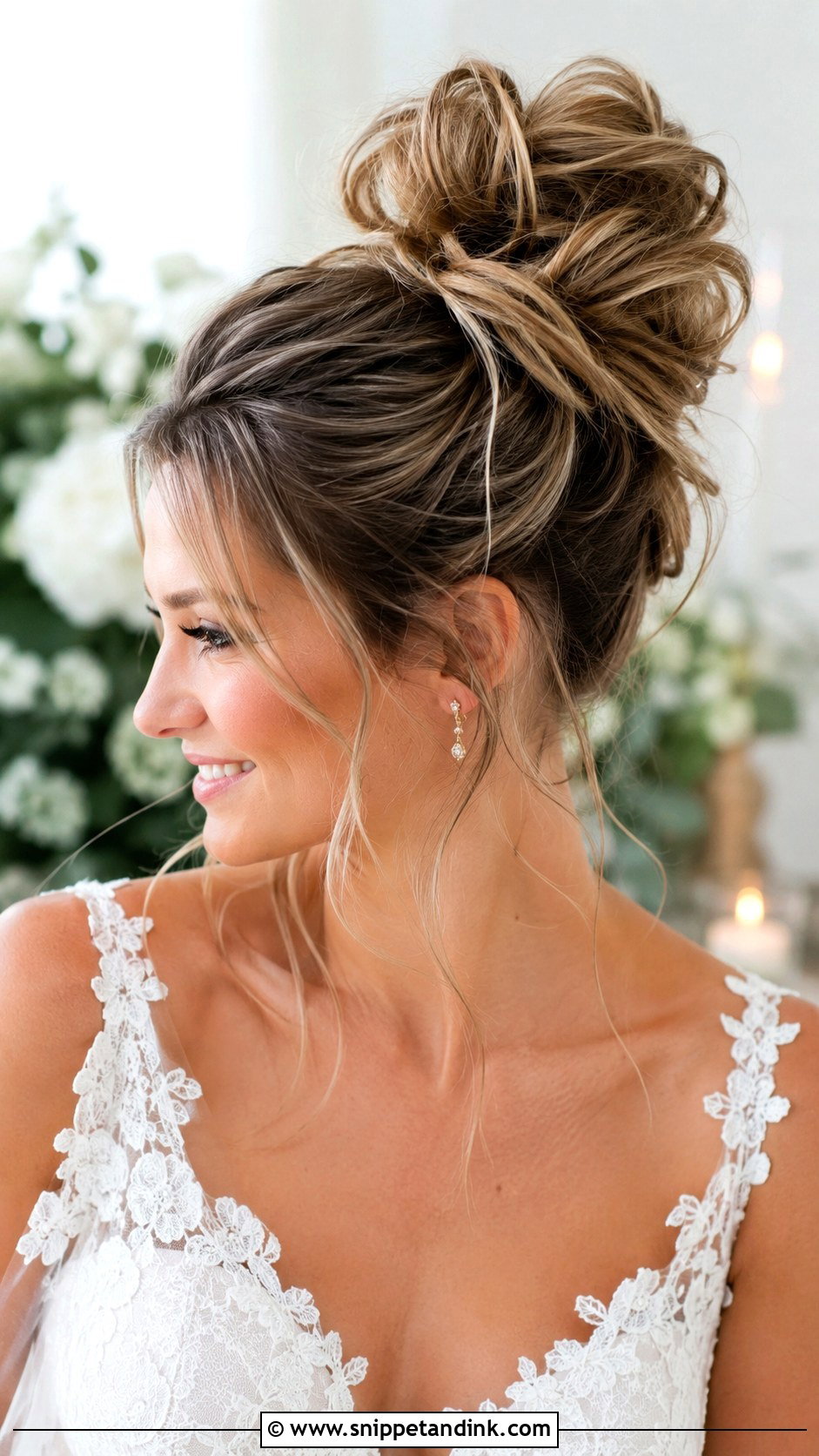 Messy High Bun With Tendrils - Snippet and Ink - 35 Bride Hair Ideas