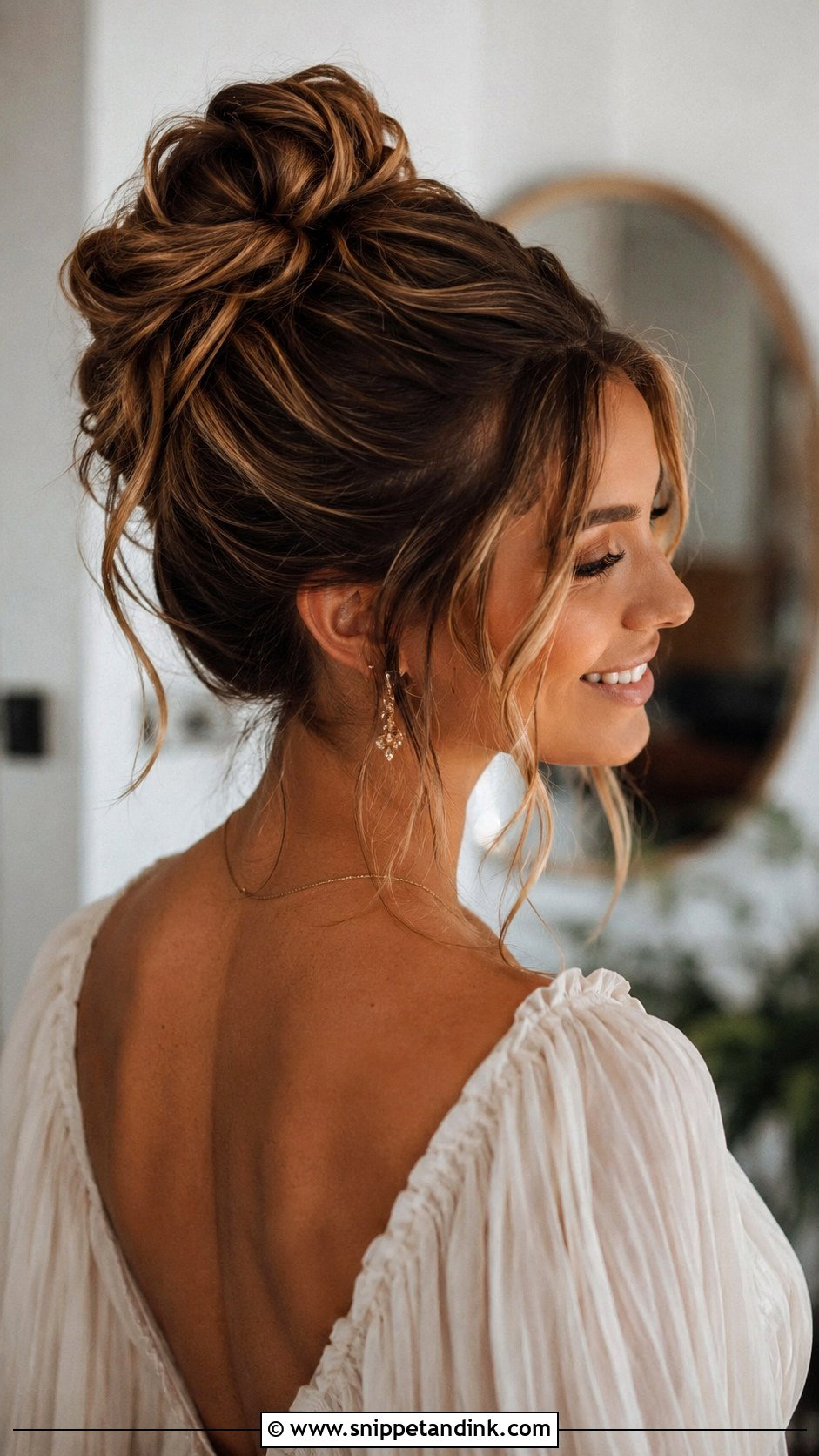 Messy High Bun With Tendrils - Snippet and Ink - 25 Long Hair Updo for Wedding Ideas