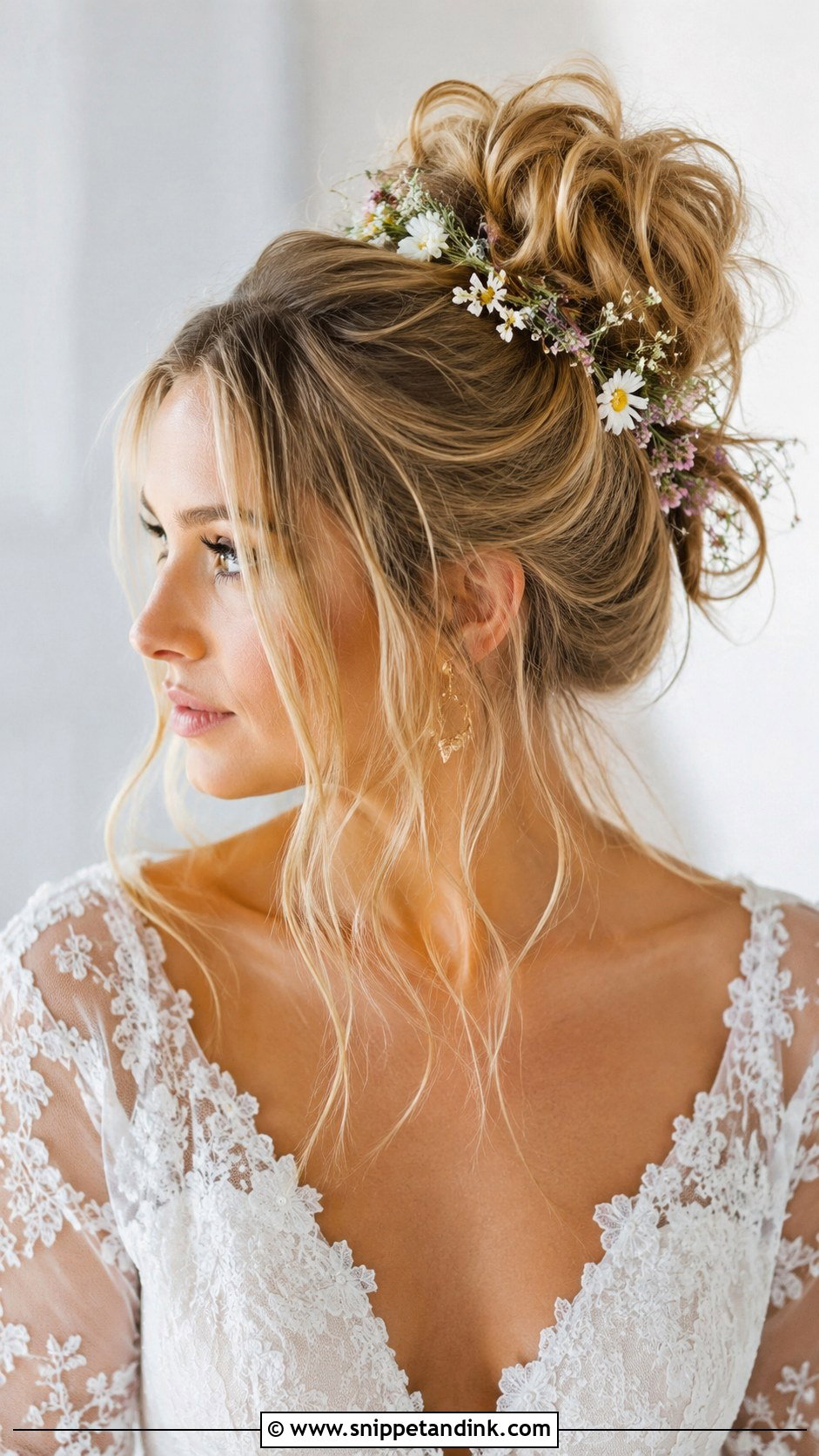 Messy High Bun for Boho Brides - Snippet and Ink - 25 Simple Bridal Hairstyle Ideas