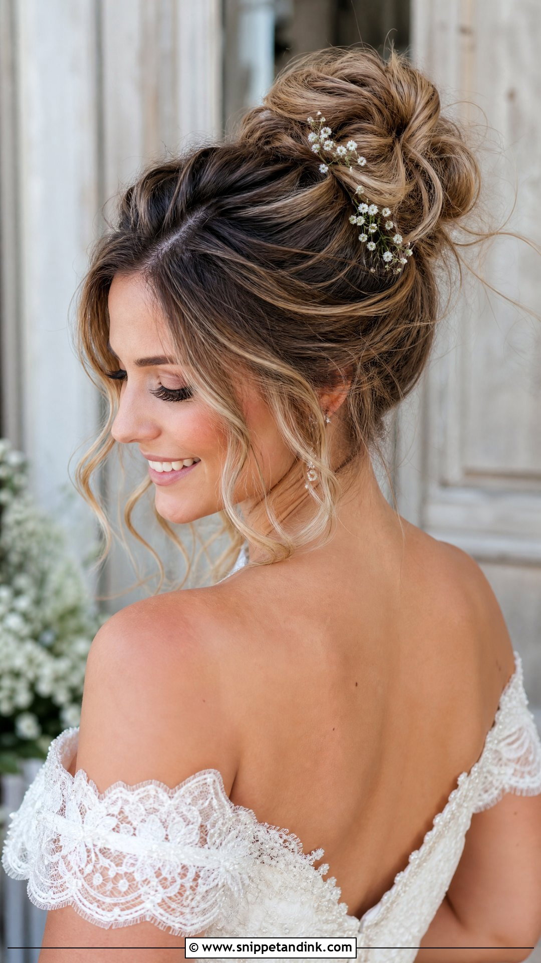 Messy High Bun for Brides - Snippet and Ink - 30 Bride Wedding Hair Styles