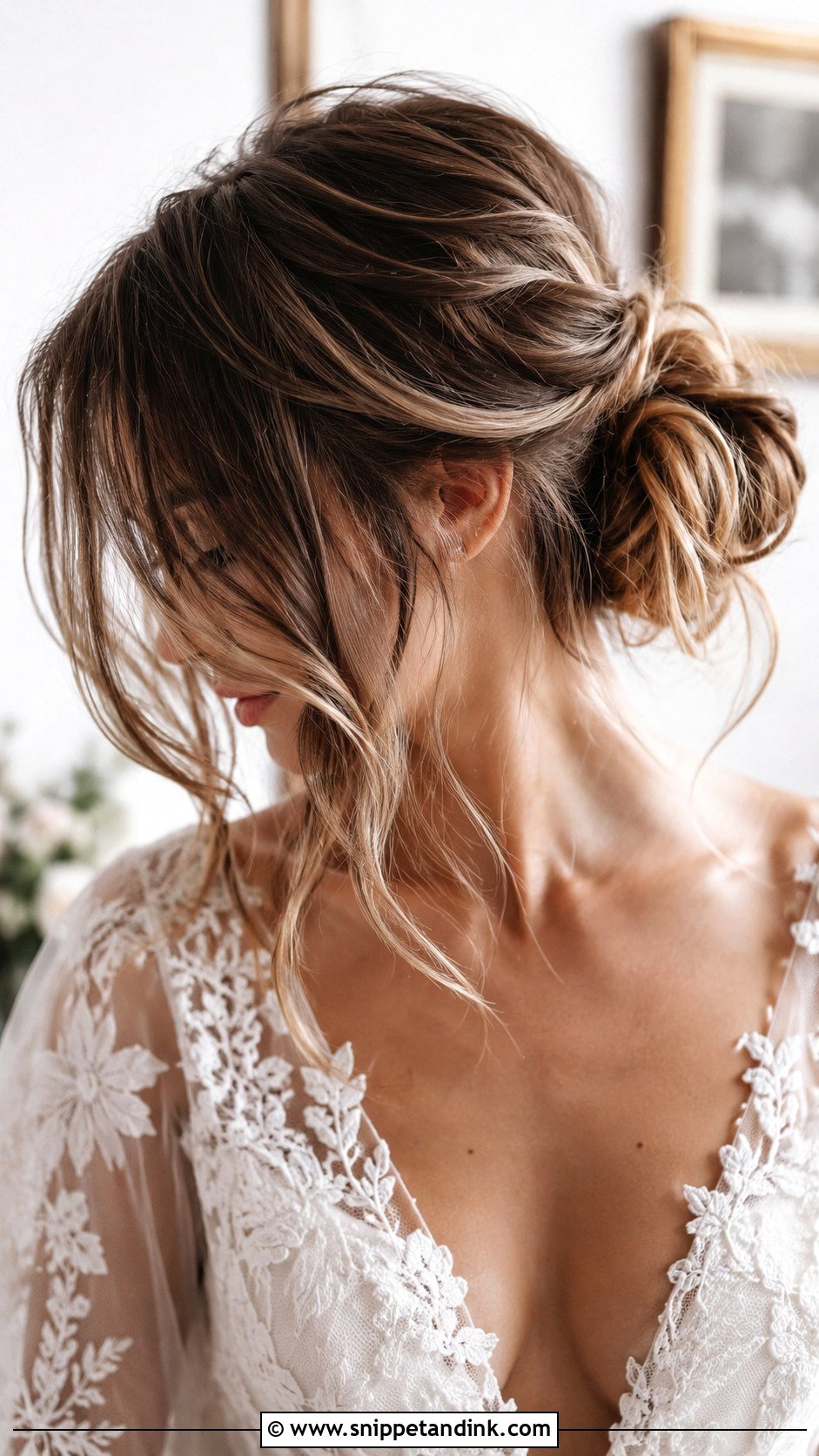 Messy Low Bun - Snippet and Ink - 25 Low Bun Wedding Hair Front View Ideas