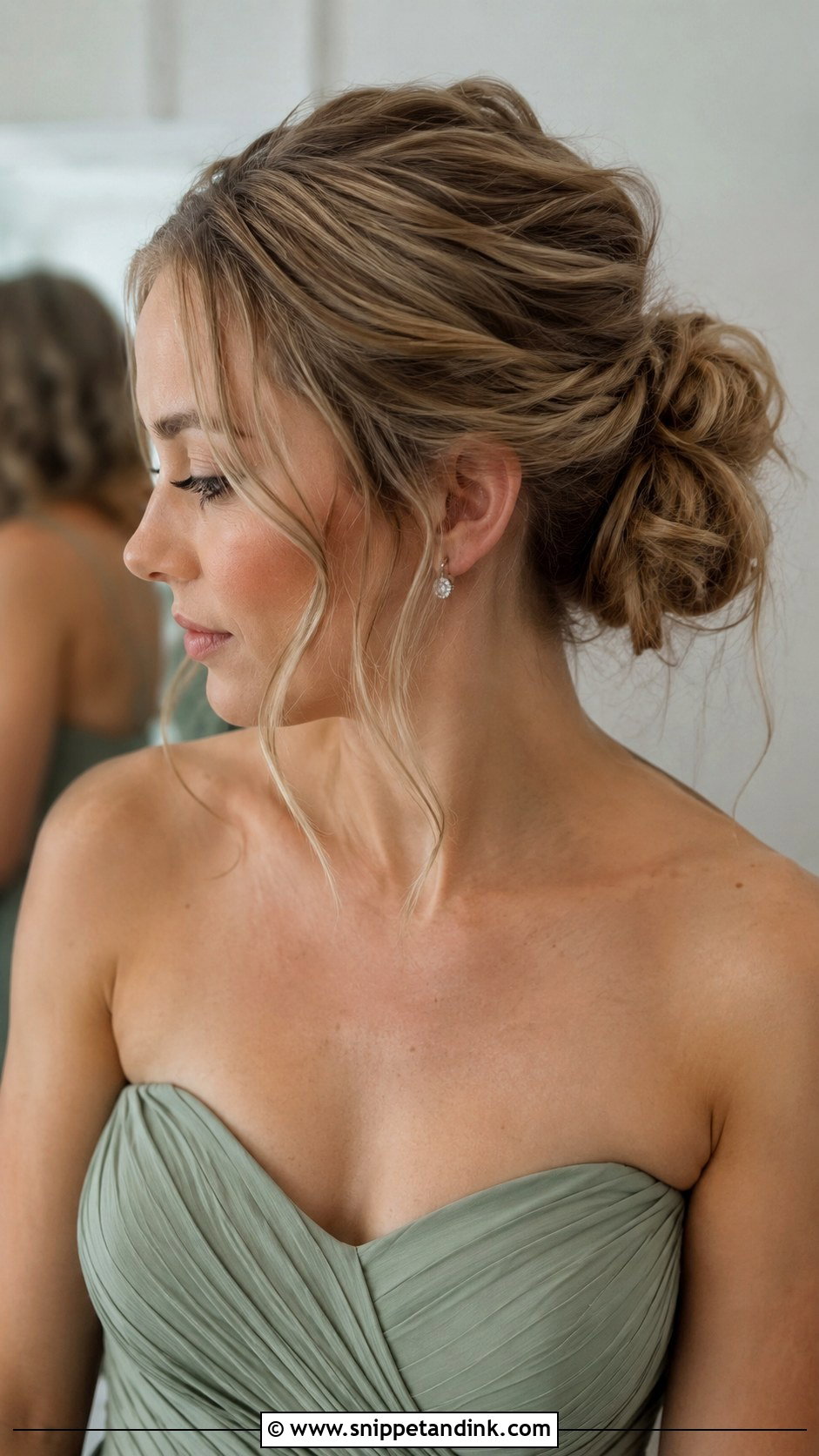 Messy Low Bun Bridesmaid Hairstyle For Strapless Dress - Snippet and Ink - 20 Bridesmaid Hairstyles Strapless Dress
