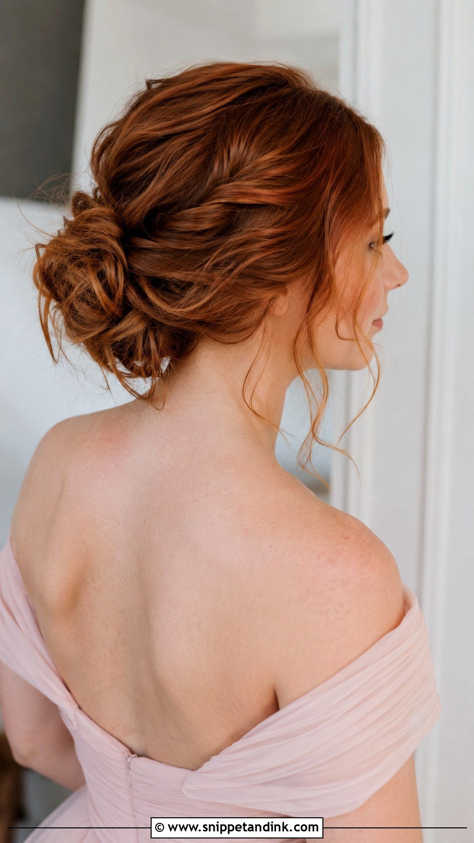Messy Low Bun Bridesmaid Hairstyle With Off Shoulder Dress - Snippet and Ink - 20 Bridesmaid Hairstyles with Off Shoulder Dress
