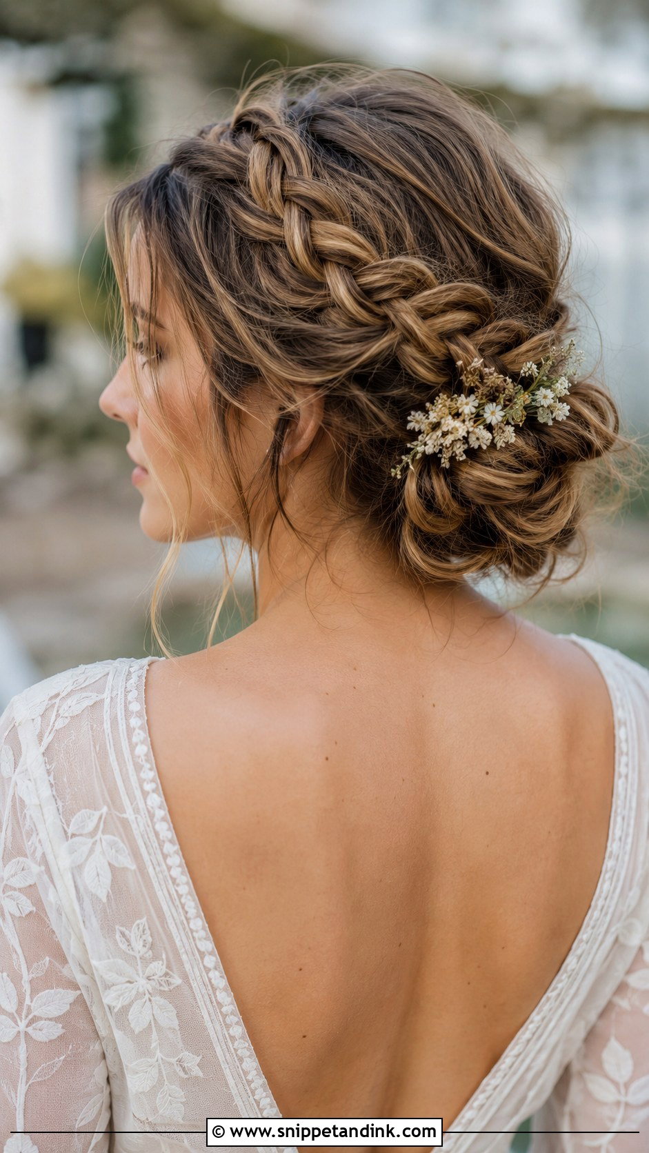 Messy Low Bun With Crown Braid - Snippet and Ink - 30 Low Messy Bun Wedding Hair Ideas