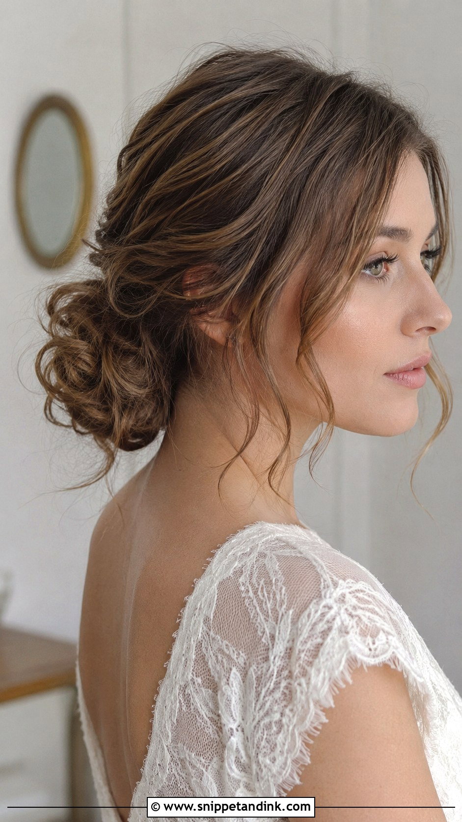 Messy Low Bun With Face Framing Tendrils - Snippet and Ink - 20 Low Loose Bun Wedding Ideas