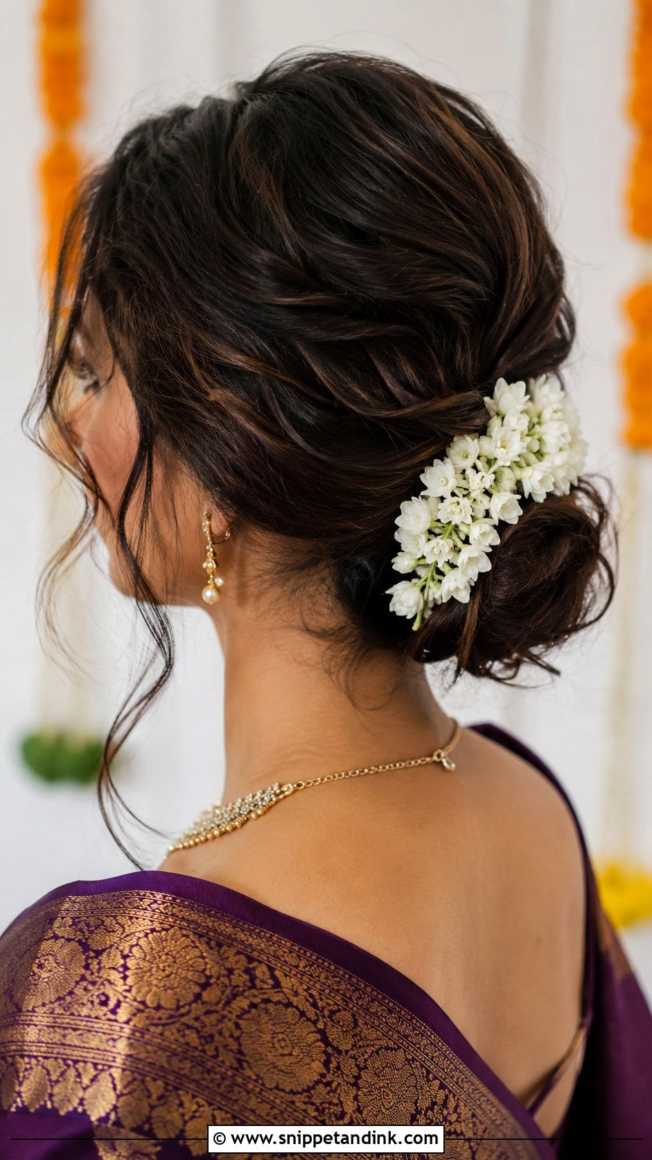 Messy Low Bun With Gajra - Snippet and Ink - 20 Messy Hairstyles for Indian Wedding