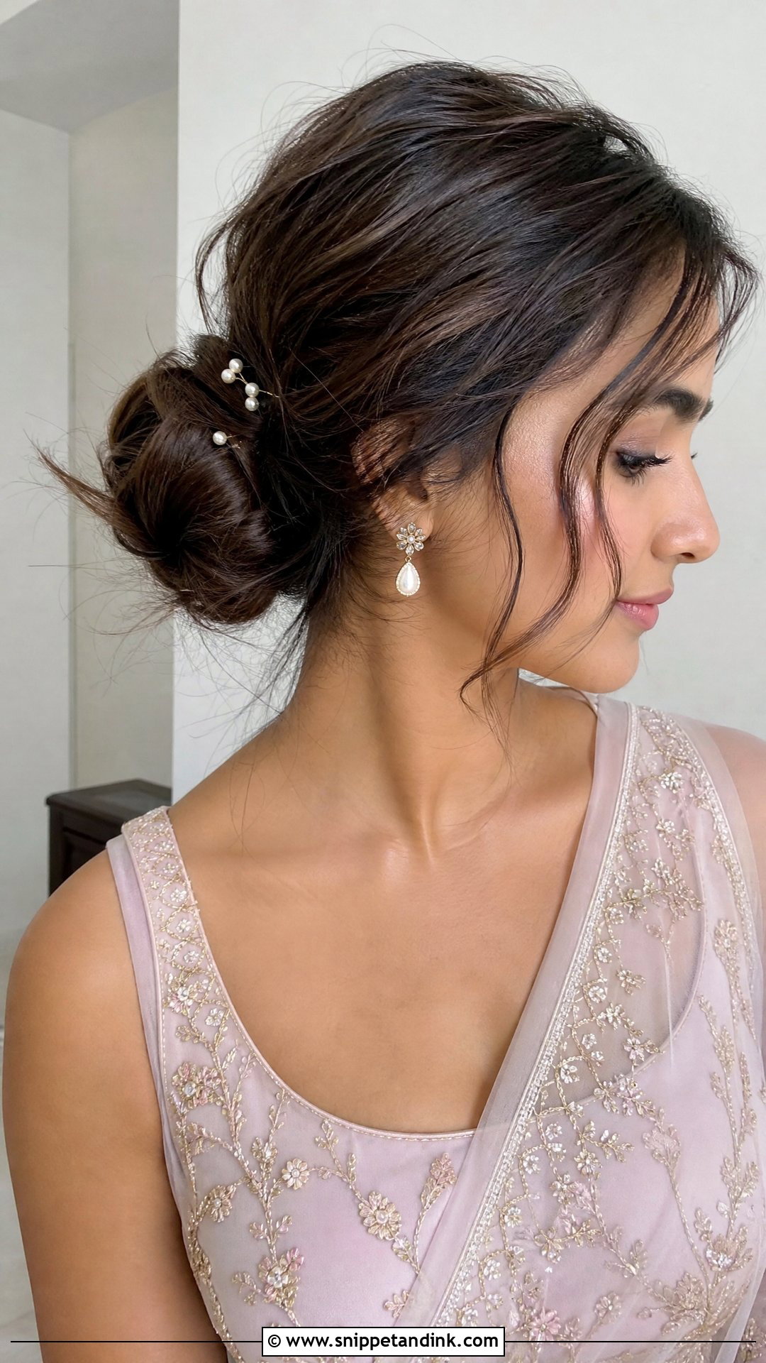Messy Low Bun With Loose Strands - Snippet and Ink - 20 Indian Hairstyle for Wedding Guest Ideas