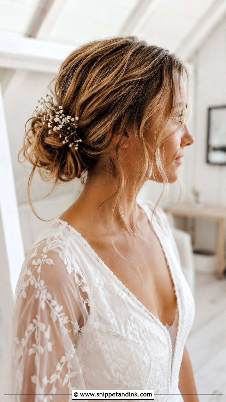 Messy Low Bun With Loose Strands - Snippet and Ink - 25 Loose Low Bun Wedding Hair Ideas