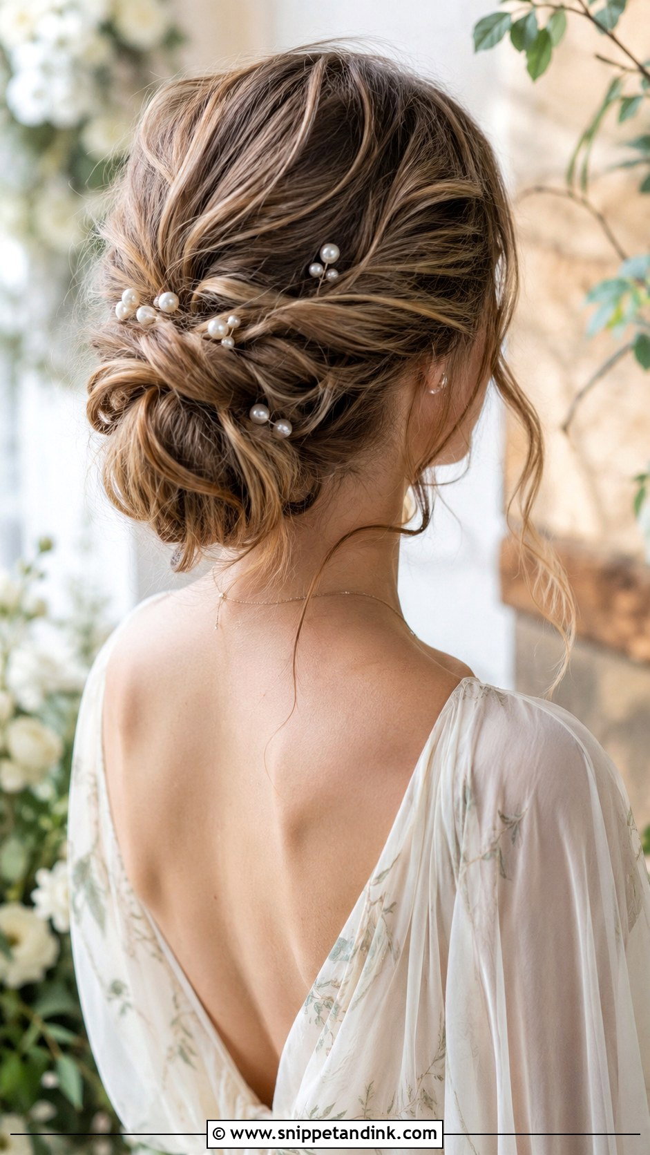 Messy Low Bun With Pearl Pins - Snippet and Ink - 20 Wedding Hairstyles with Pearls