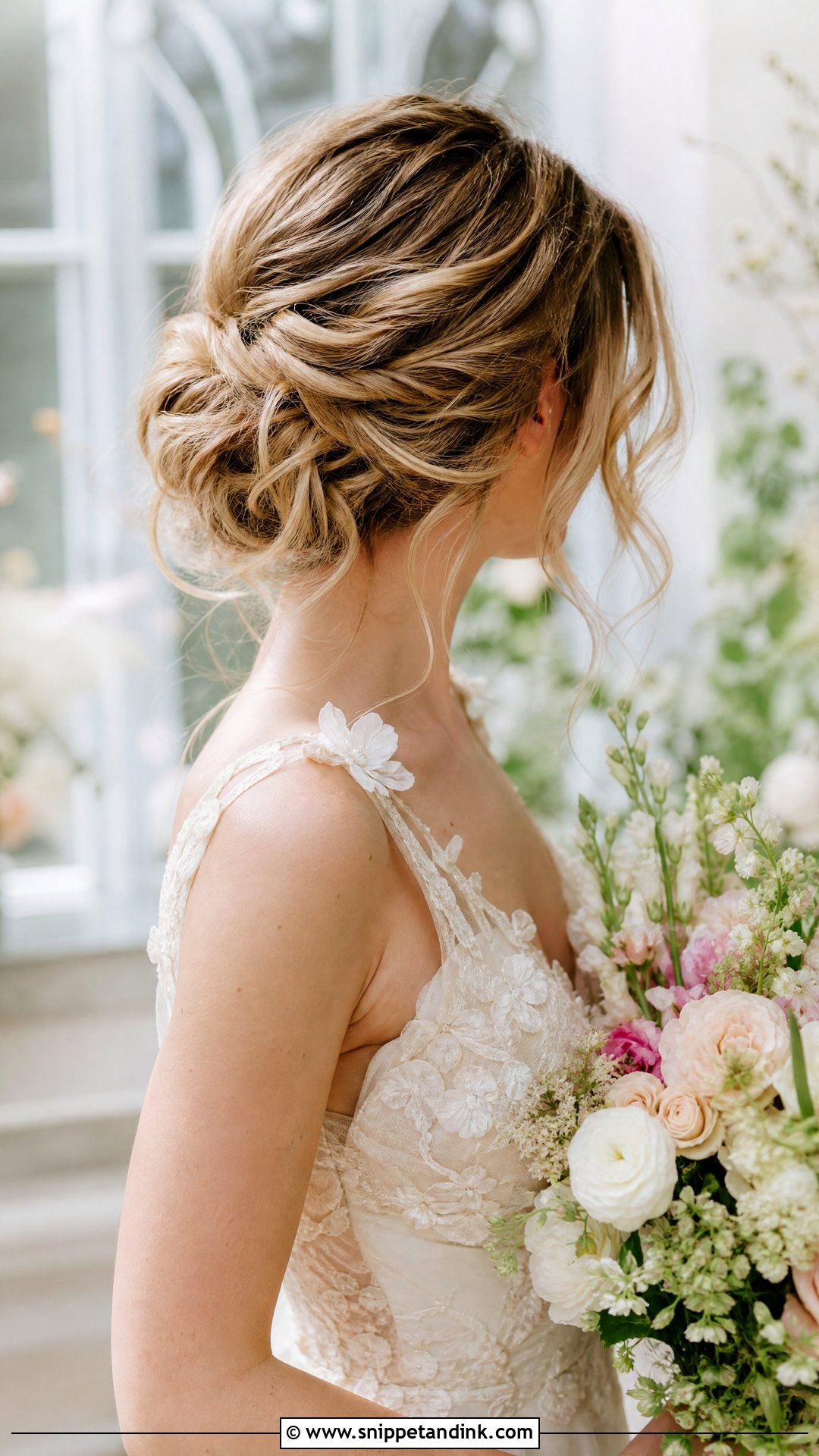 Messy Low Bun With Tendrils - Snippet and Ink - 20 Simple Long Hair Wedding Hairstyles