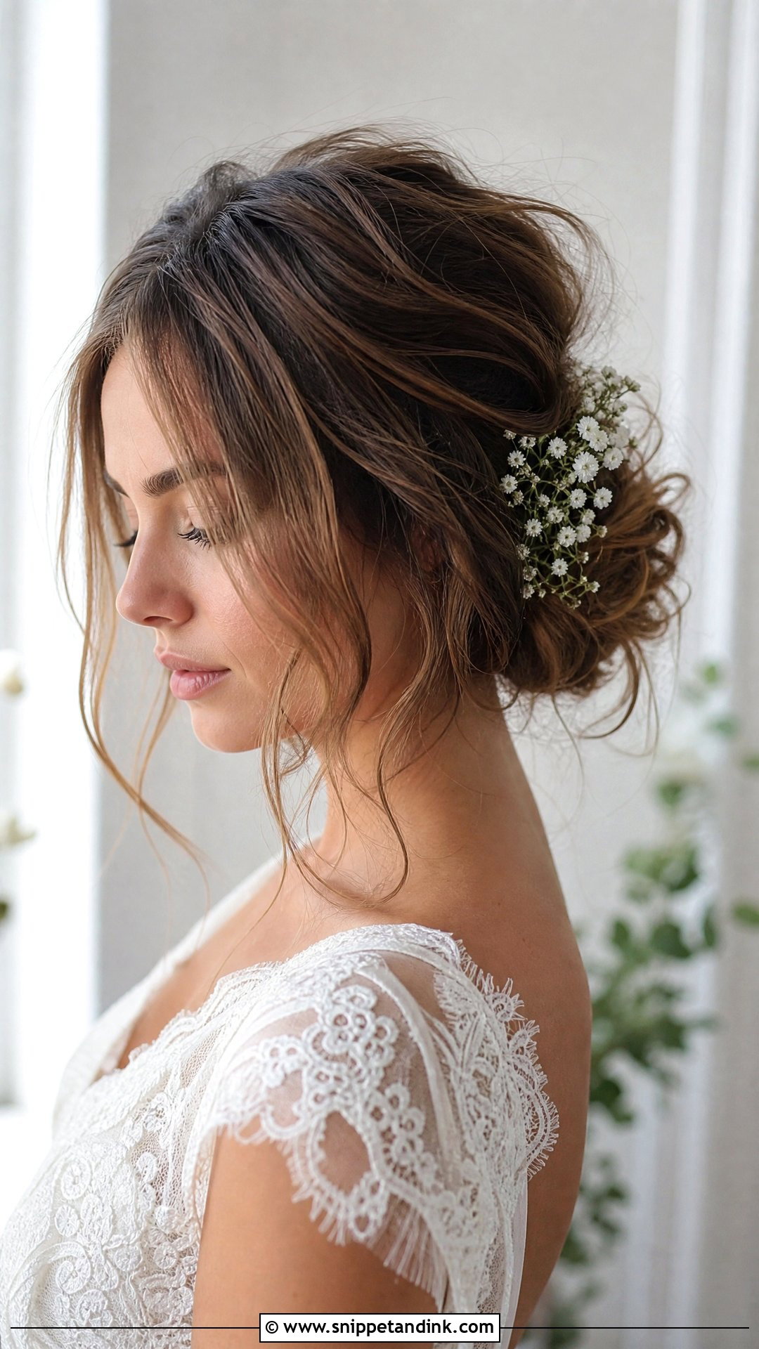 Messy Low Bun for Round Face Bride - Snippet and Ink - 20 Round Face Bride Hairstyle Ideas