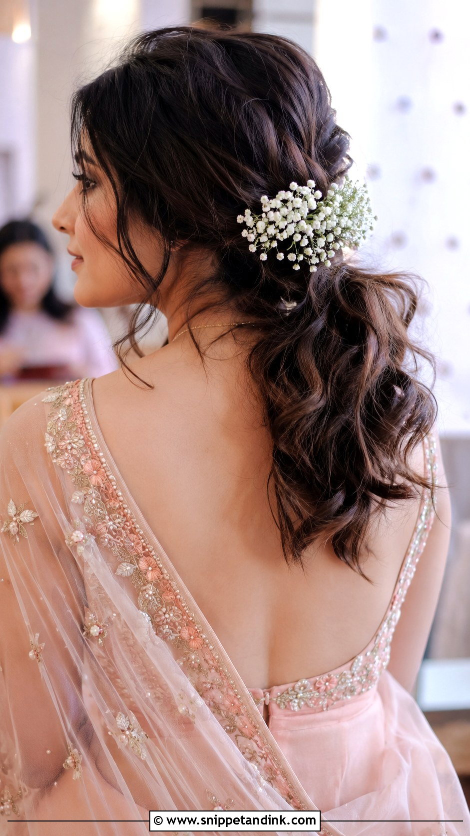Messy Low Ponytail With Babys Breath - Snippet and Ink - 30 Indian Wedding Pony Hairstyles