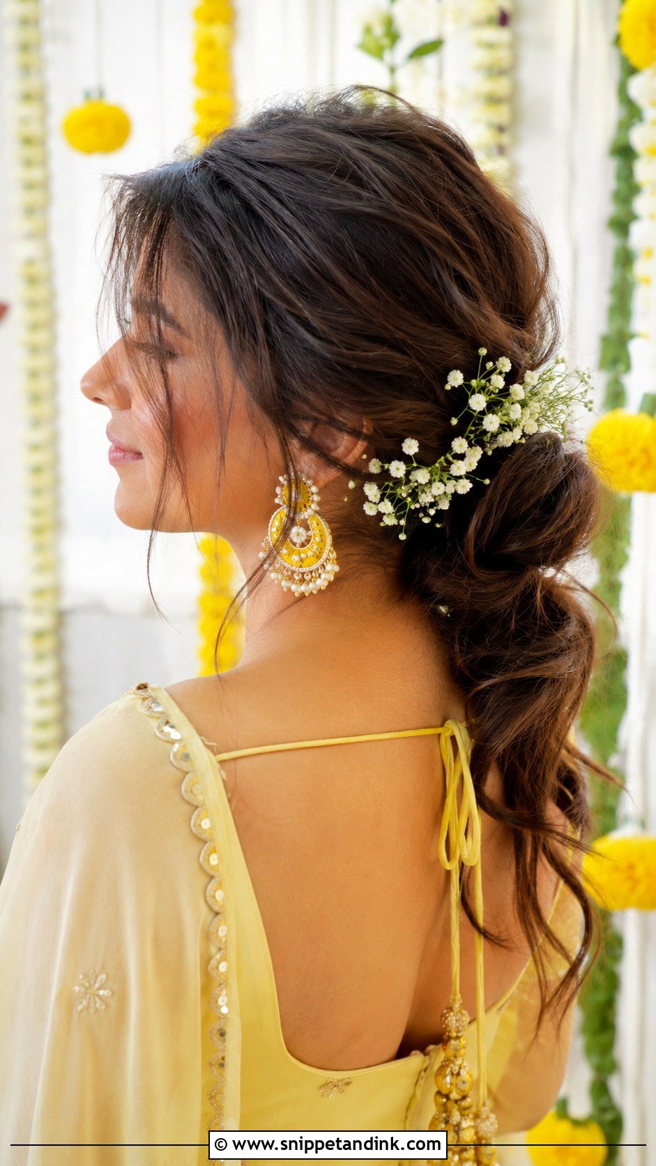 Messy Low Ponytail With Babys Breath - Snippet and Ink - 20 Indian Wedding Ponytail Hairstyles