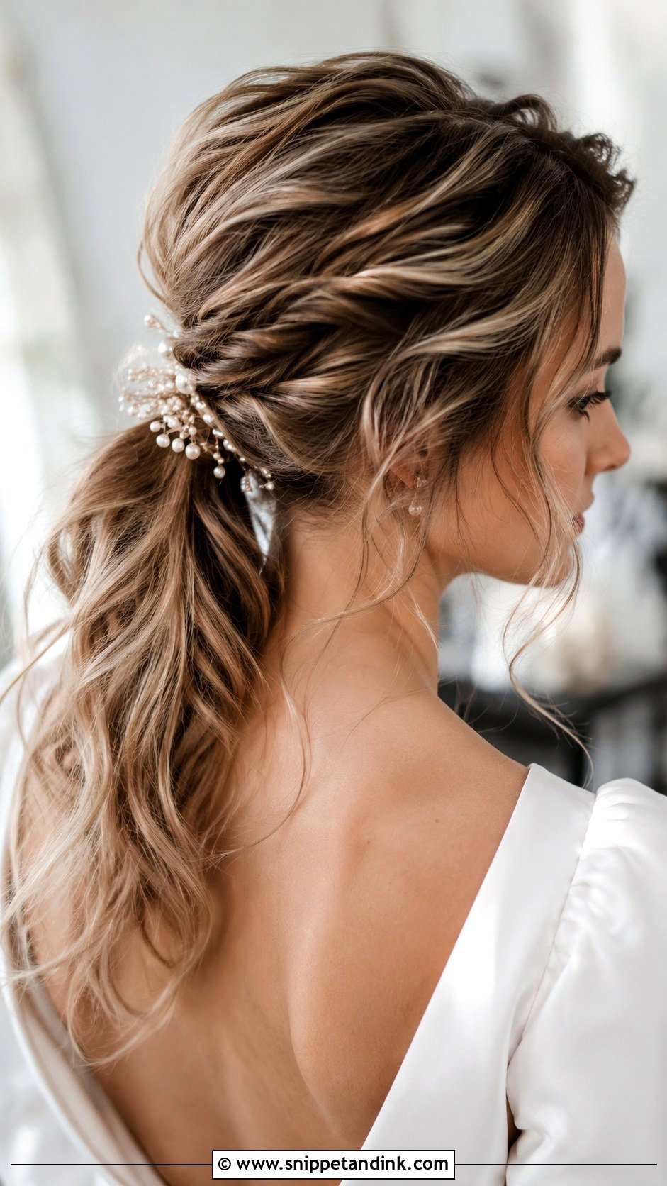 Messy Ponytail Wedding Hairstyle With Pearl Pins - Snippet and Ink - 15 Messy Ponytail Wedding Hairstyles