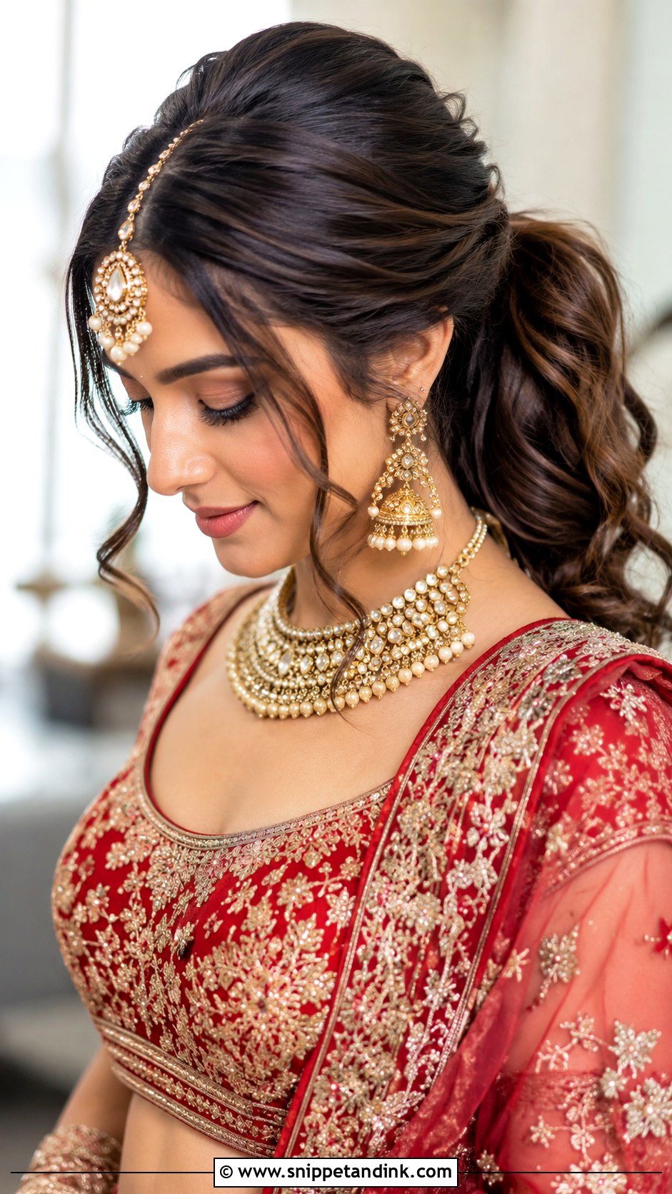Messy Ponytail With Maang Tikka Indian Wedding - Snippet and Ink - 15 Messy Ponytail Hairstyles Indian Wedding