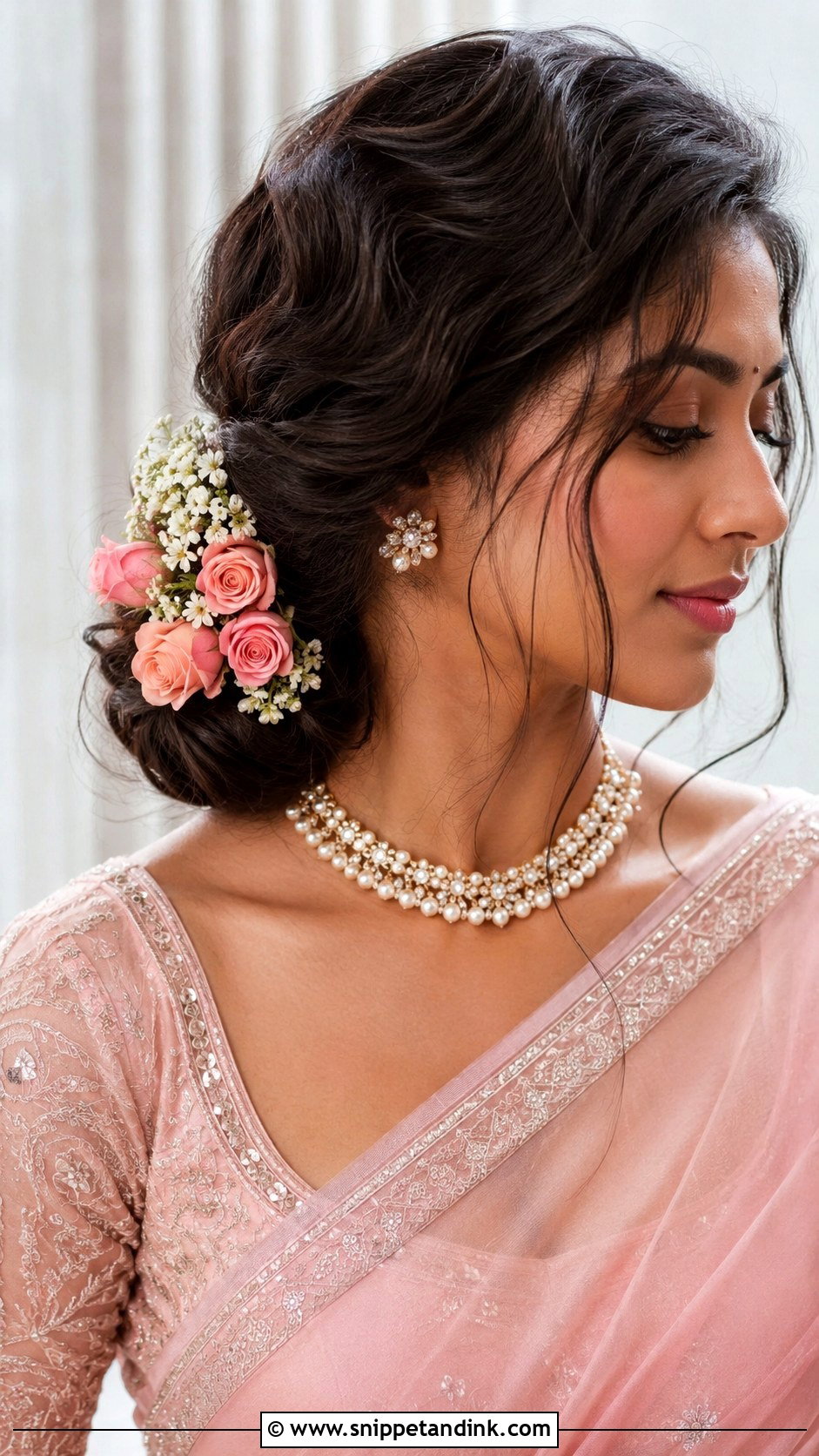 Messy Side Bun With Flowers - Snippet and Ink - 25 Indian Wedding Hairstyle for Chubby Face Ideas