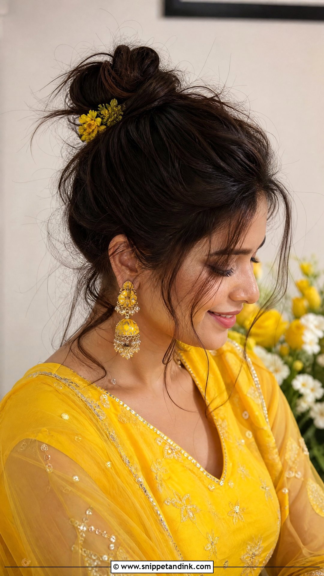 Messy Top Knot With Loose Strands - Snippet and Ink - 20 Hairstyle for Haldi Bride Ideas