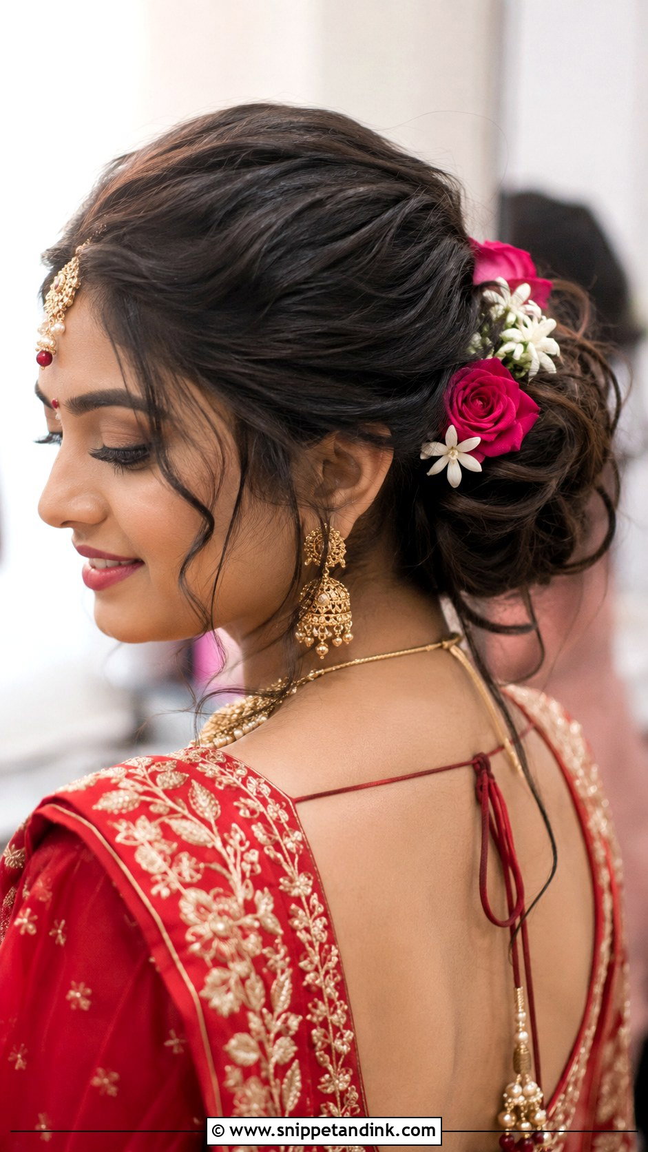 Messy Updo Bun With Fresh Flowers - Snippet and Ink - 25 Short Hairstyle Women Indian Wedding Ideas