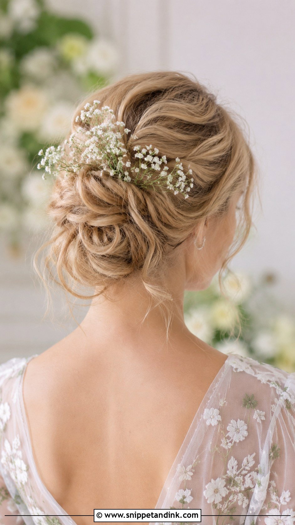 Messy Updo With Babys Breath - Snippet and Ink - 30 Messy Updo Wedding Ideas