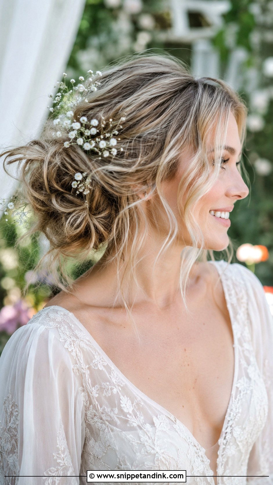 Messy Updo With Babys Breath - Snippet and Ink - 20 Hippie Wedding Hair Ideas