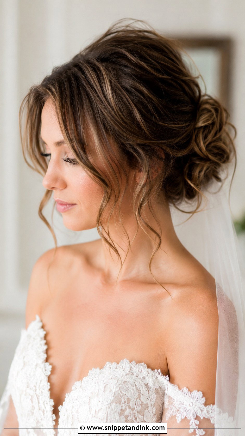 Messy Updo With Face Framing Tendrils - Snippet and Ink - 30 Messy Updo Wedding Ideas
