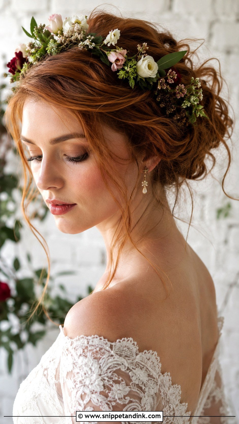 Messy Updo With Floral Crown - Snippet and Ink - 20 Wedding Hair with Flower Crown Ideas