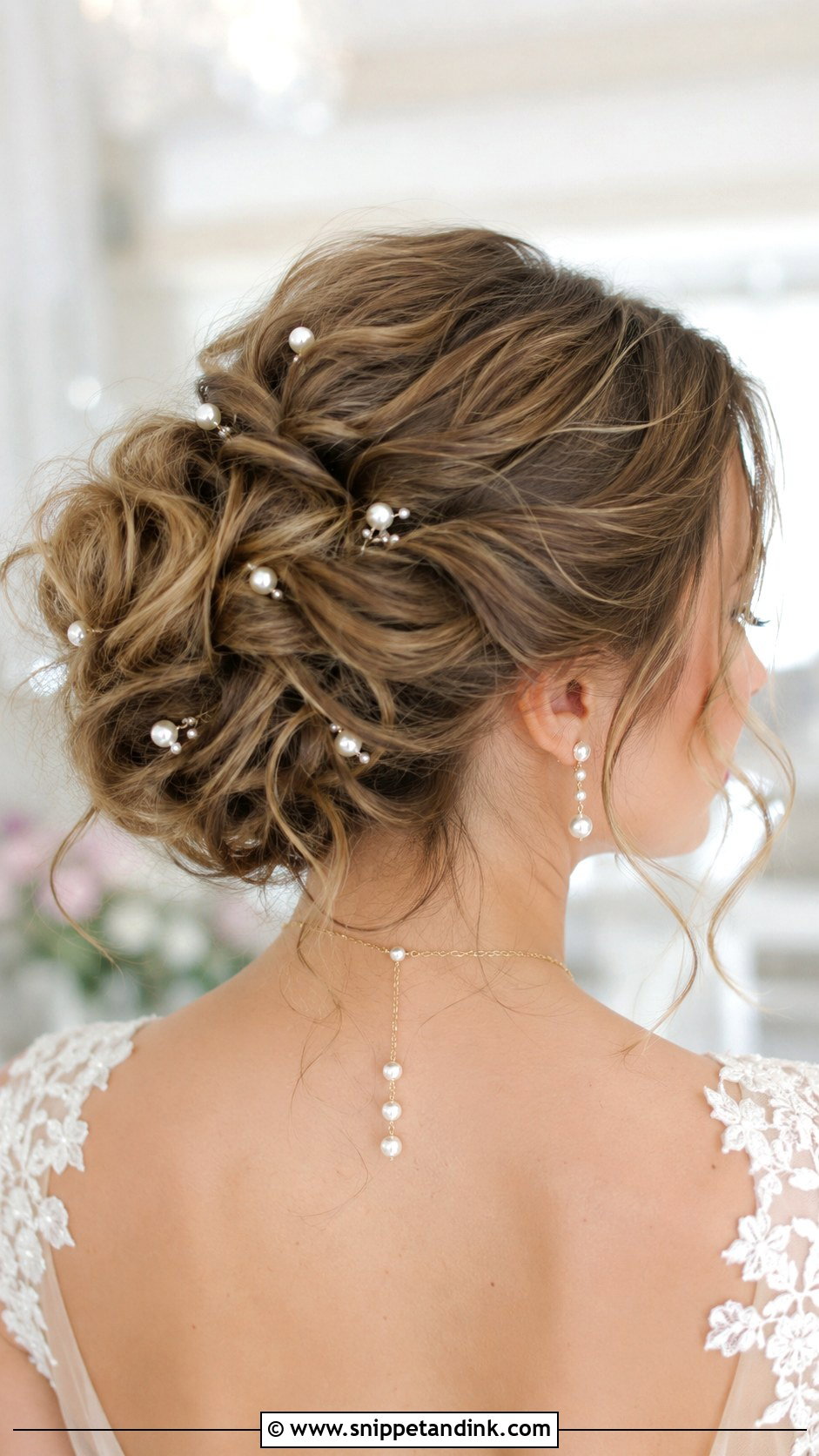 Messy Updo With Pearl Pins - Snippet and Ink - 30 Messy Updo Wedding Ideas