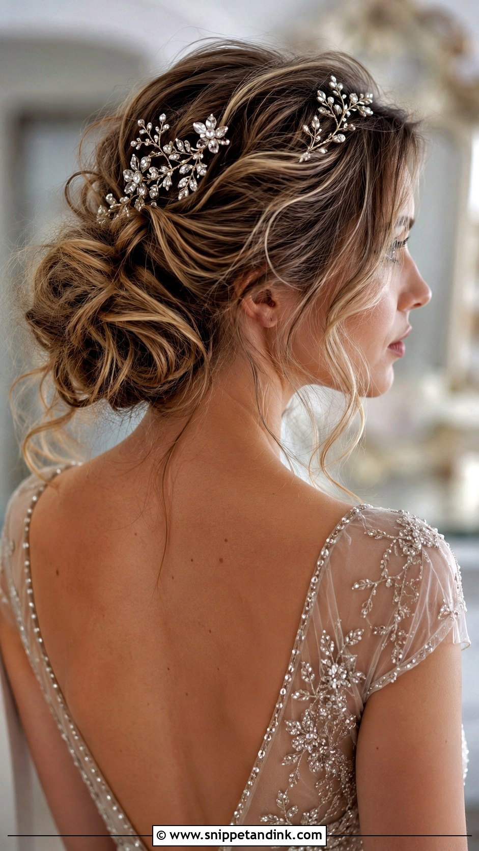 Messy Updo With Sparkly Hair Accessories - Snippet and Ink - 30 Messy Updo Wedding Ideas
