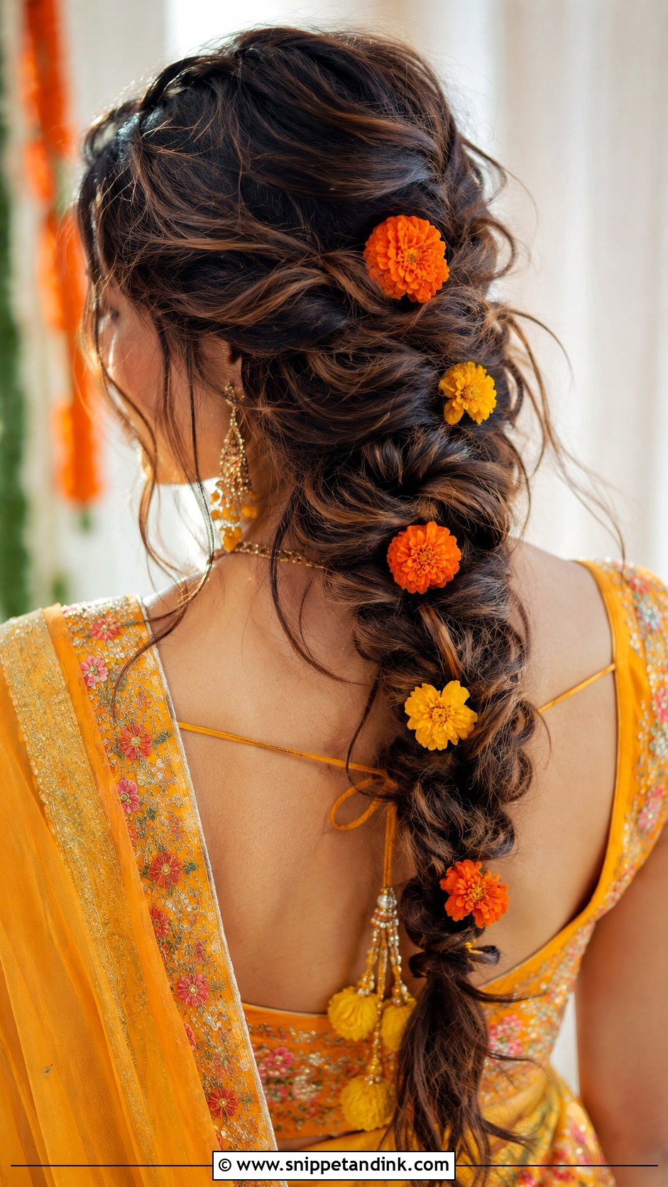 Messy Waterfall Braid for Mehndi - Snippet and Ink - 20 Indian Wedding Waterfall Hairstyle Ideas