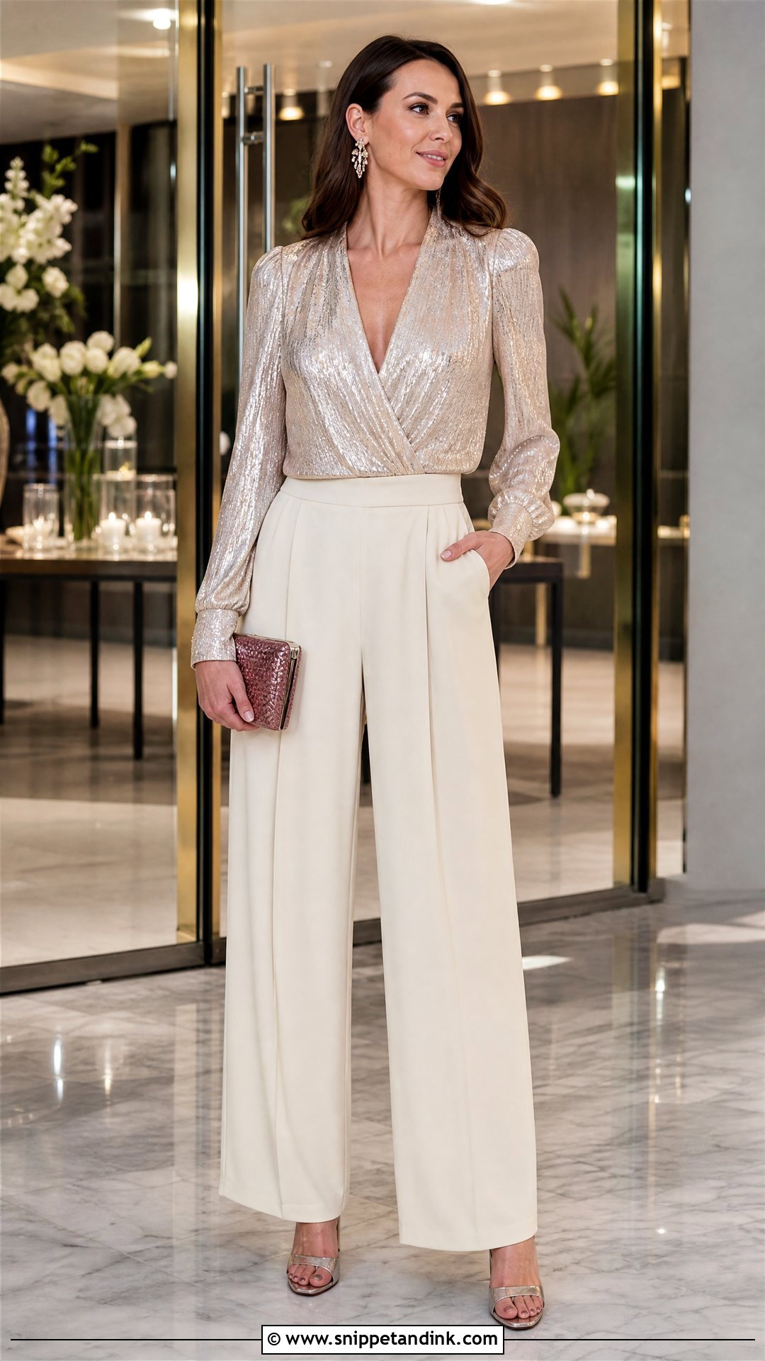 Metallic Top With Cream Trousers Wedding Outfit - Snippet and Ink - 20 dressy tops for a wedding outfit ideas