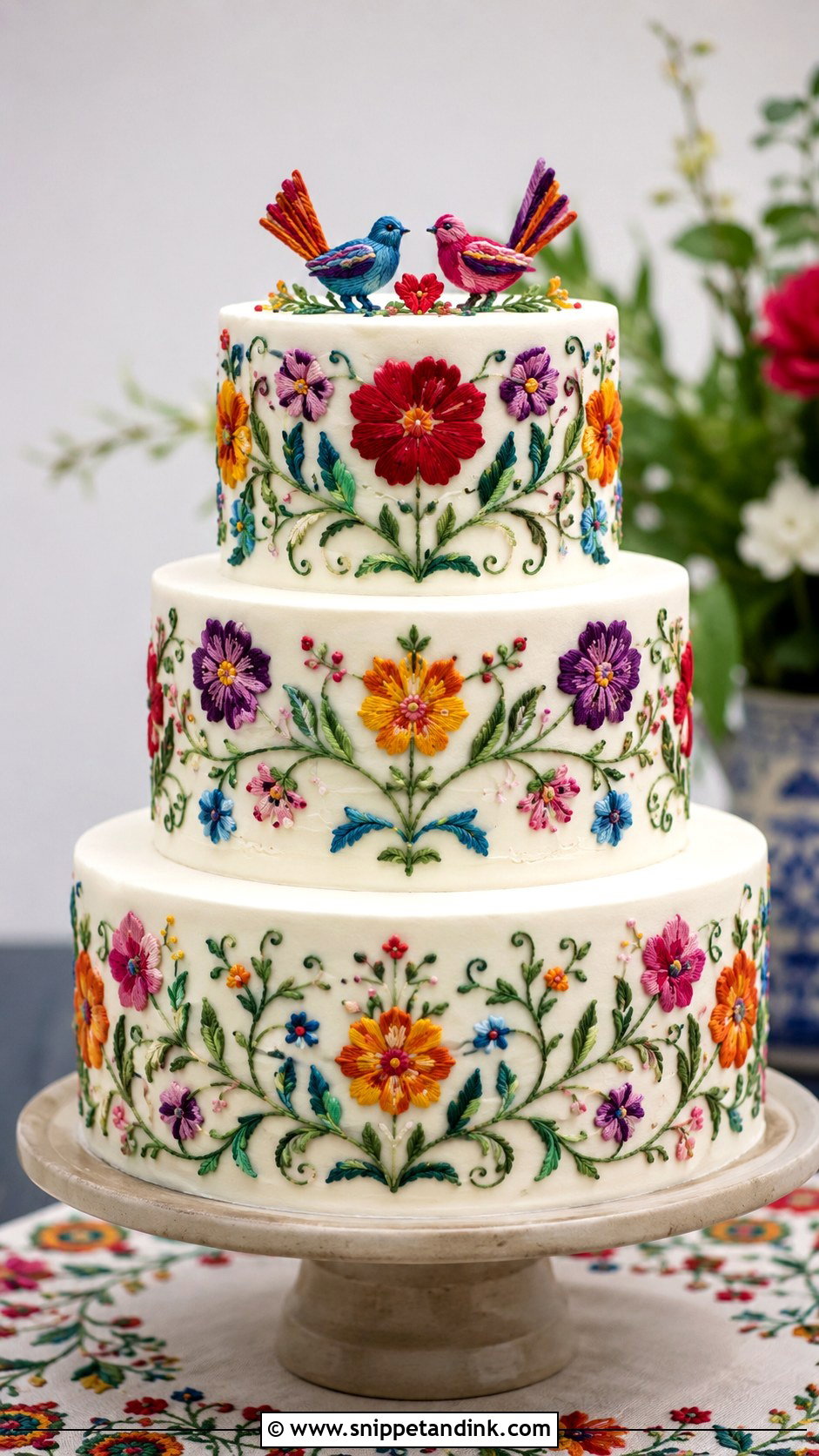 Mexican Embroidery Wedding Cake - Snippet and Ink - 20 Mexican Inspired Wedding Cake Ideas