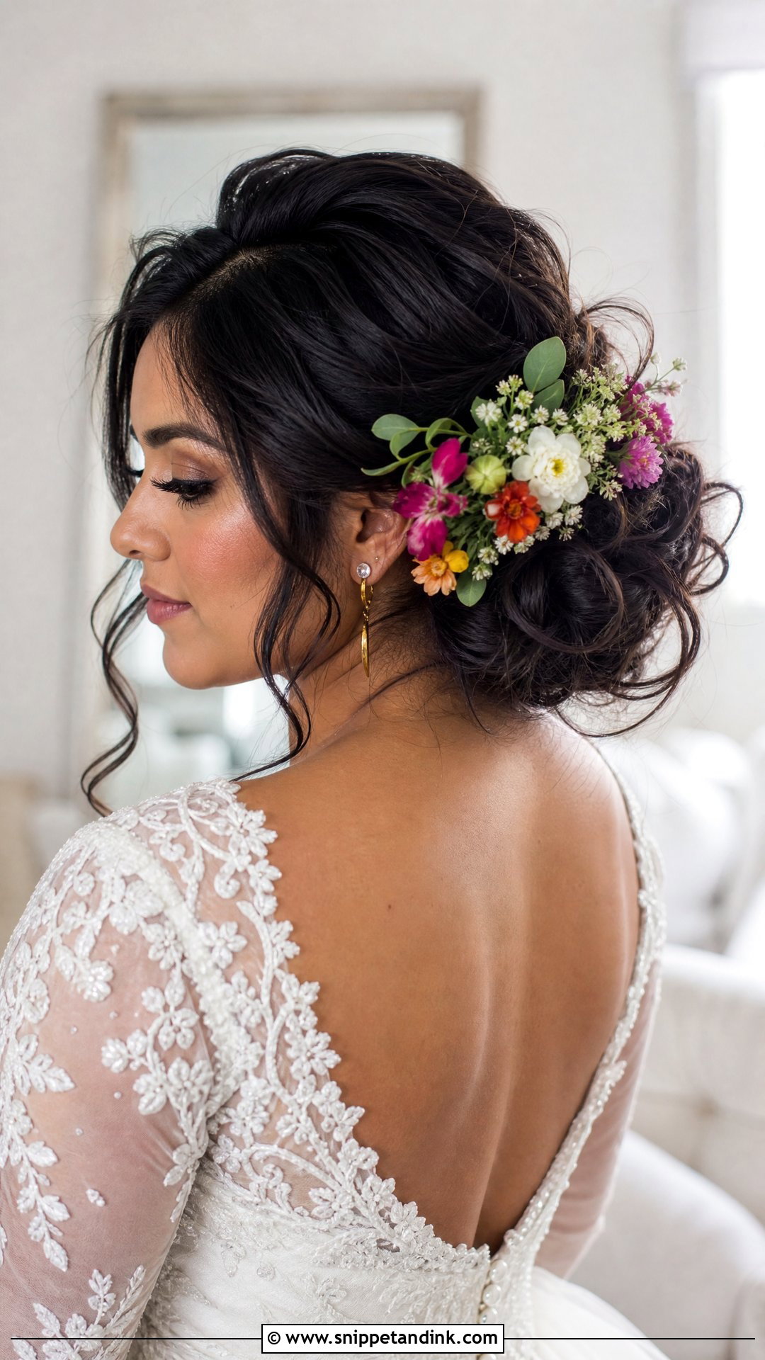 Mexican Wedding Messy Bun With Flowers - Snippet and Ink - 20 Mexican Wedding Hairstyles