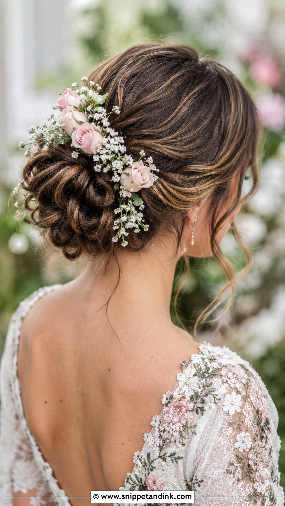Mid Bun With Flowers - Snippet and Ink - 20 Mid Bun Wedding Hair Ideas