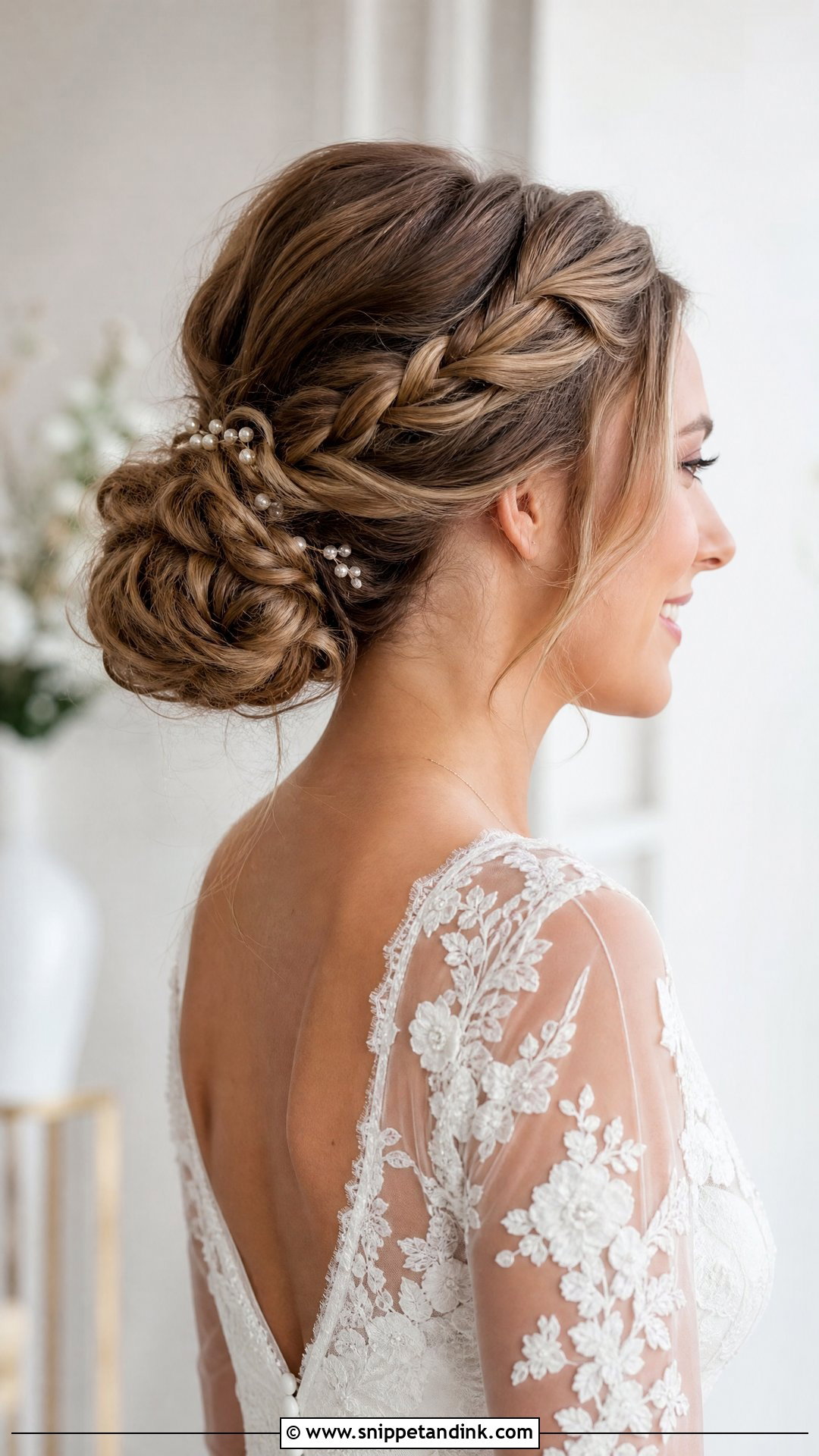 Mid Height Braided Bun Wedding Hairstyle - Snippet and Ink - 20 Mid Height Bun Wedding Ideas