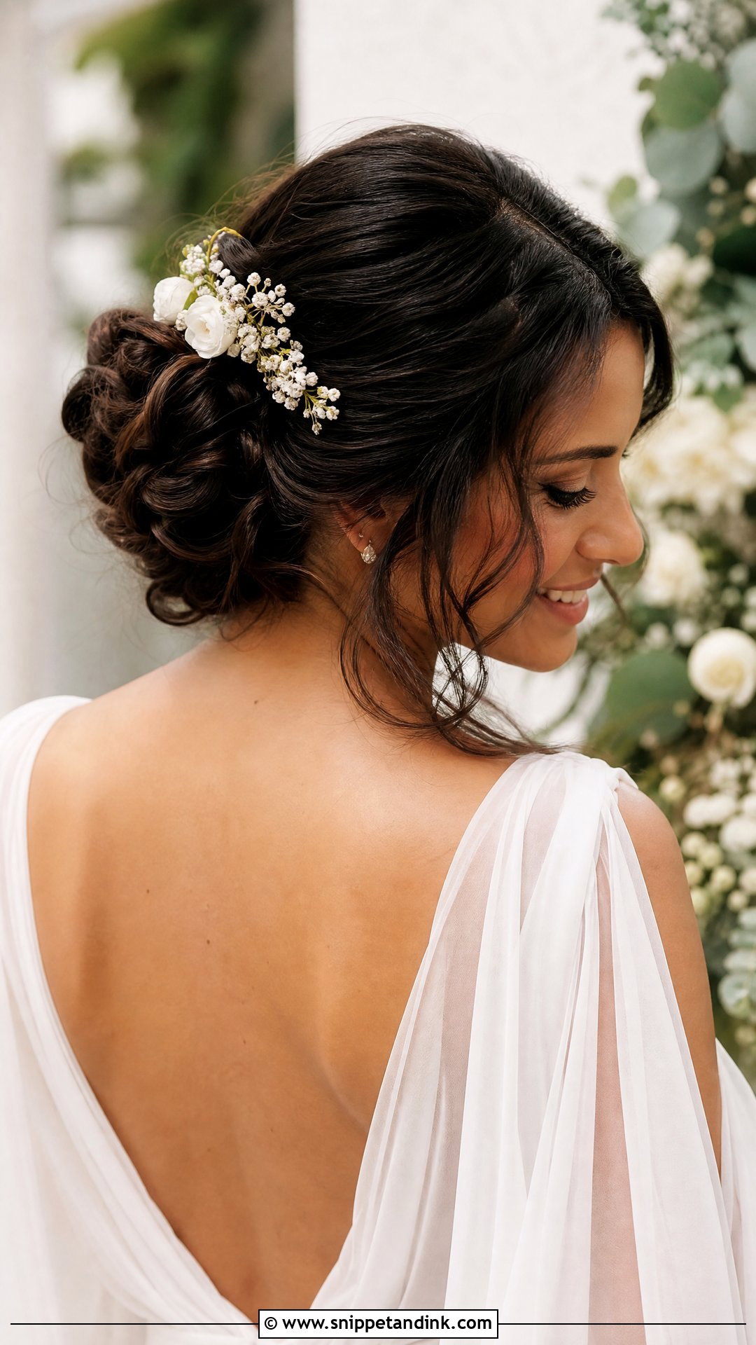 Mid Height Bun With Floral Comb Wedding Hairstyle - Snippet and Ink - 20 Mid Height Bun Wedding Ideas