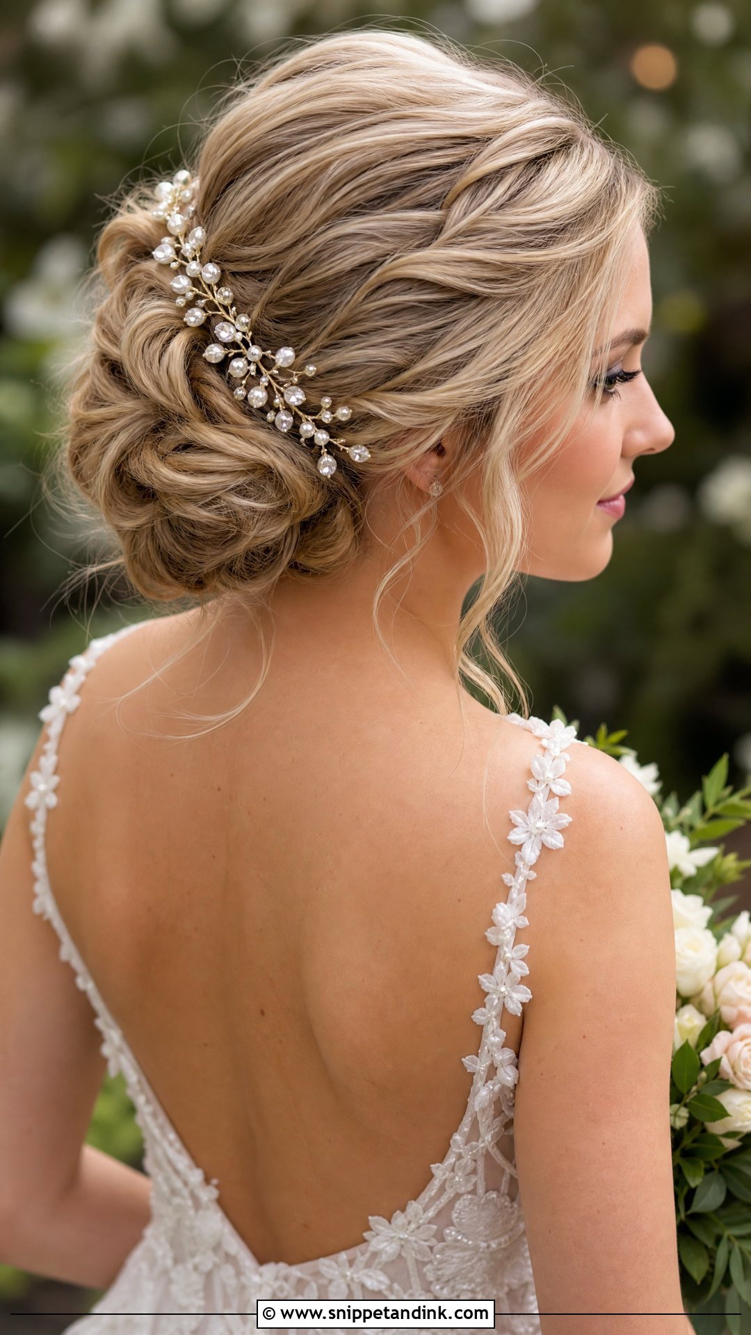 Mid Height Bun With Hair Vine Wedding Hairstyle - Snippet and Ink - 20 Mid Height Bun Wedding Ideas