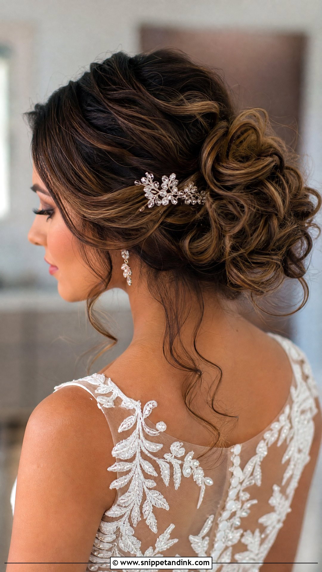 Mid Height Bun With Loose Curls Wedding Hairstyle - Snippet and Ink - 20 Mid Height Bun Wedding Ideas