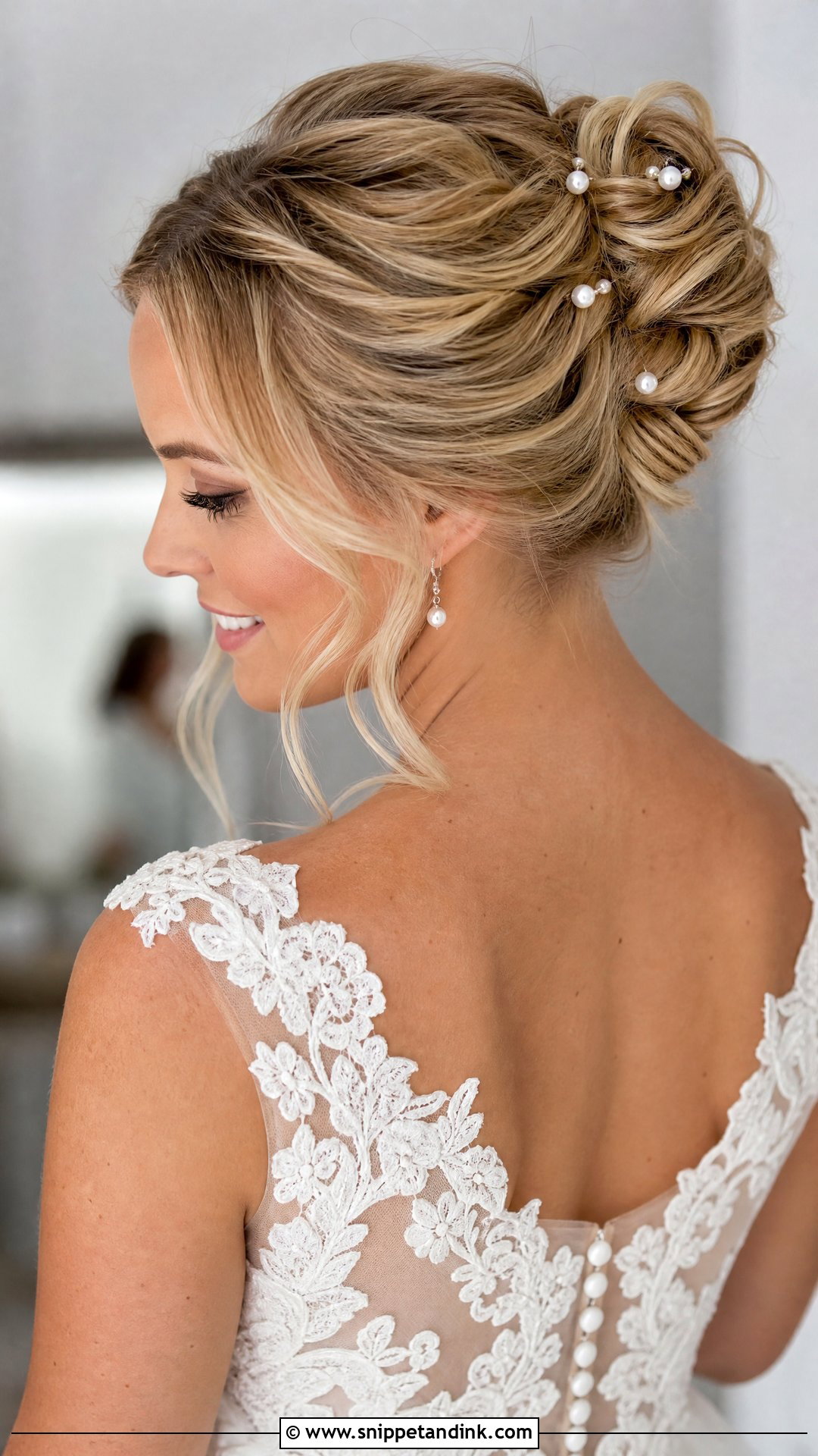 Mid Height Bun With Pearl Pins Wedding Hairstyle - Snippet and Ink - 20 Mid Height Bun Wedding Ideas