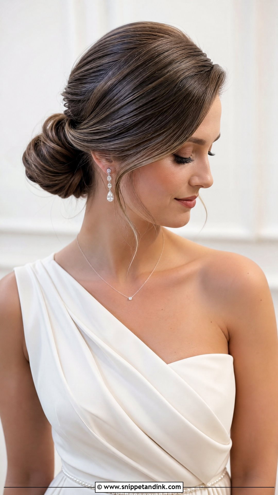 Mid Height Bun With Side Part Wedding Hairstyle - Snippet and Ink - 20 Mid Height Bun Wedding Ideas
