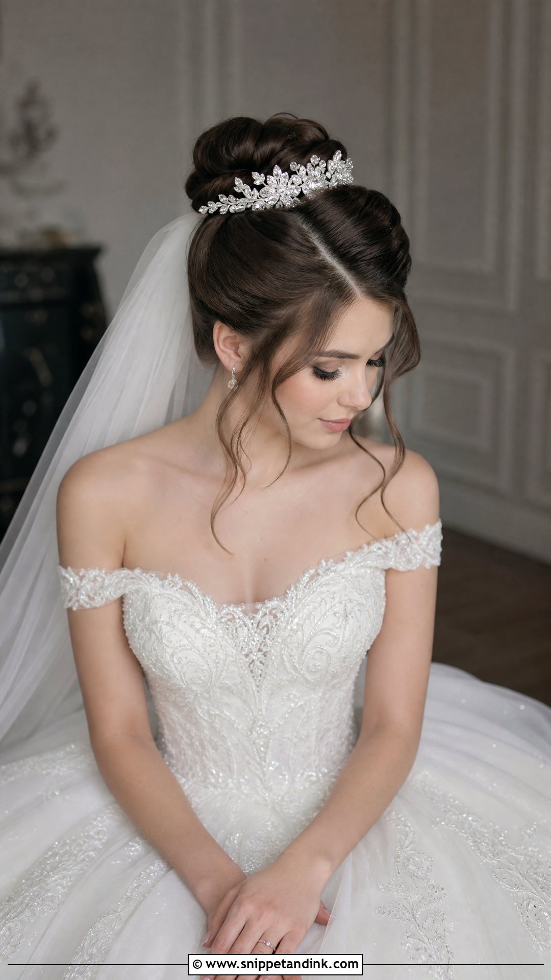 Mid Height Bun With Tiara Wedding Hairstyle - Snippet and Ink - 20 Mid Height Bun Wedding Ideas