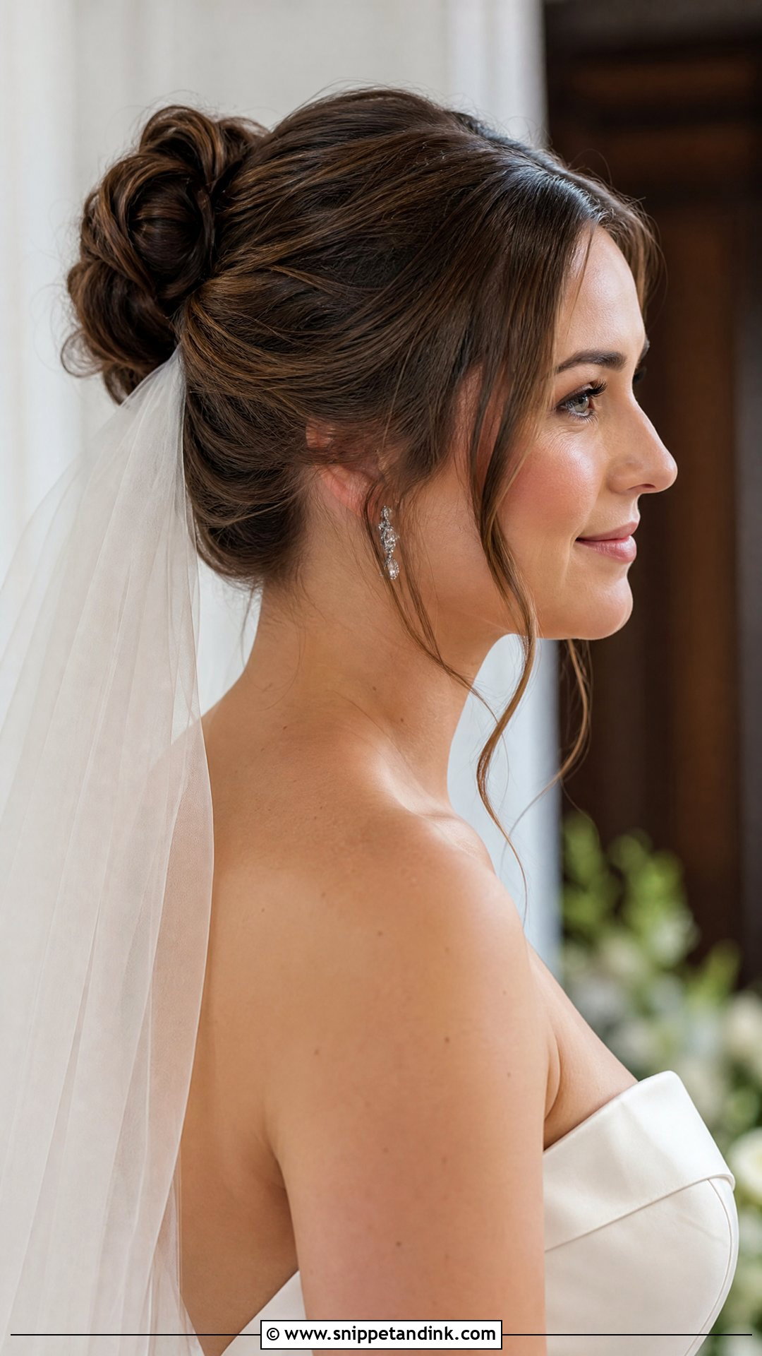 Mid Height Bun With Veil Wedding Hairstyle - Snippet and Ink - 20 Mid Height Bun Wedding Ideas