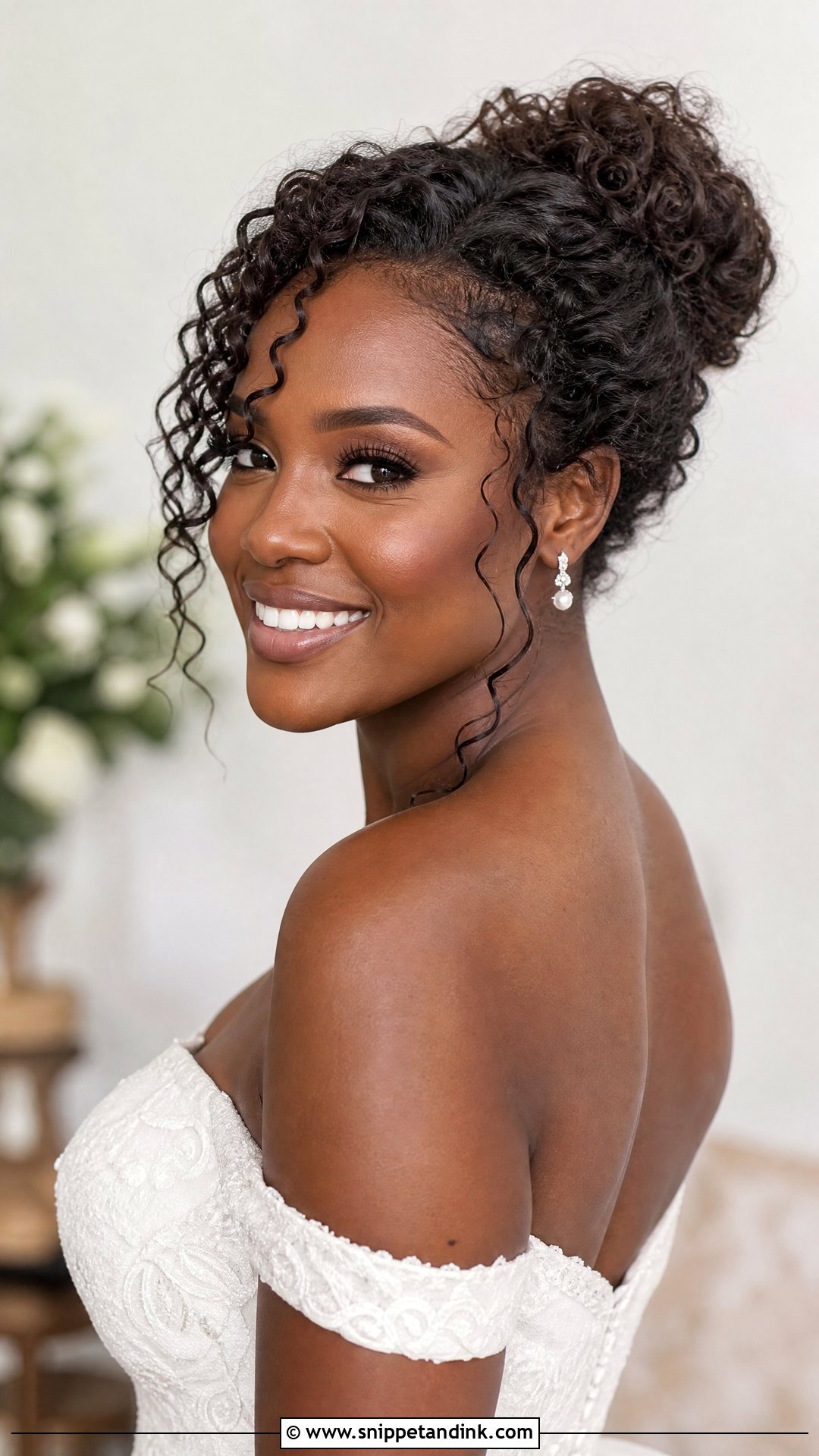 Mid Height Curly Bun Wedding Hairstyle - Snippet and Ink - 20 Mid Height Bun Wedding Ideas