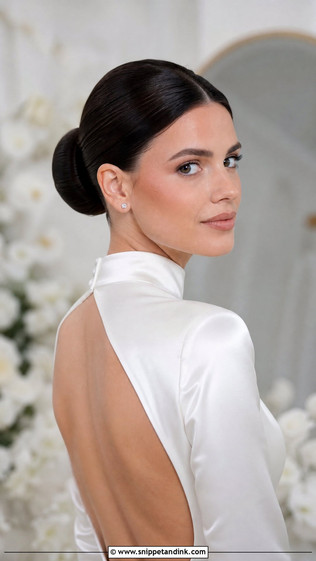 Mid Height Sleek Bun Wedding Hairstyle - Snippet and Ink - 20 Mid Height Bun Wedding Ideas