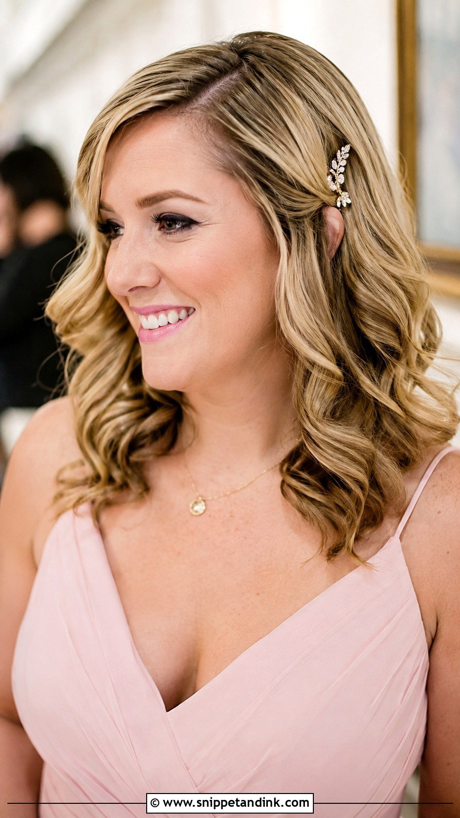 Mid Length Bridesmaid Hair Side Part Curls - Snippet and Ink - 20 Mid Length Bridesmaid Hair Ideas