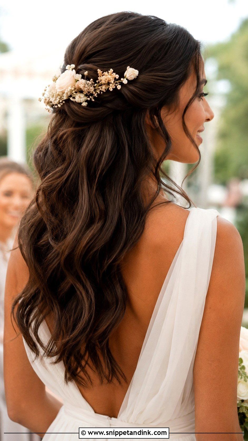 Mid Length Half Up Half Down Wedding Hair With Flowers - Snippet and Ink - 15 Mid Length Half-Up Half-Down Wedding Hair Ideas