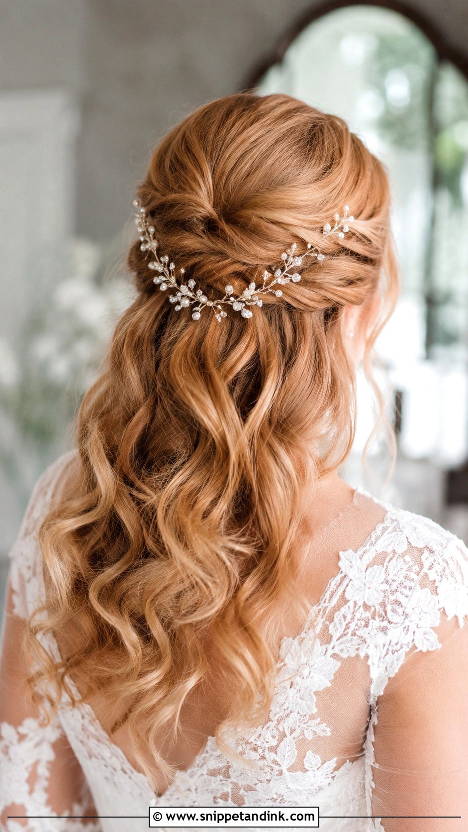 Mid Length Half Up Half Down Wedding Hair With Hair Vine - Snippet and Ink - 15 Mid Length Half-Up Half-Down Wedding Hair Ideas