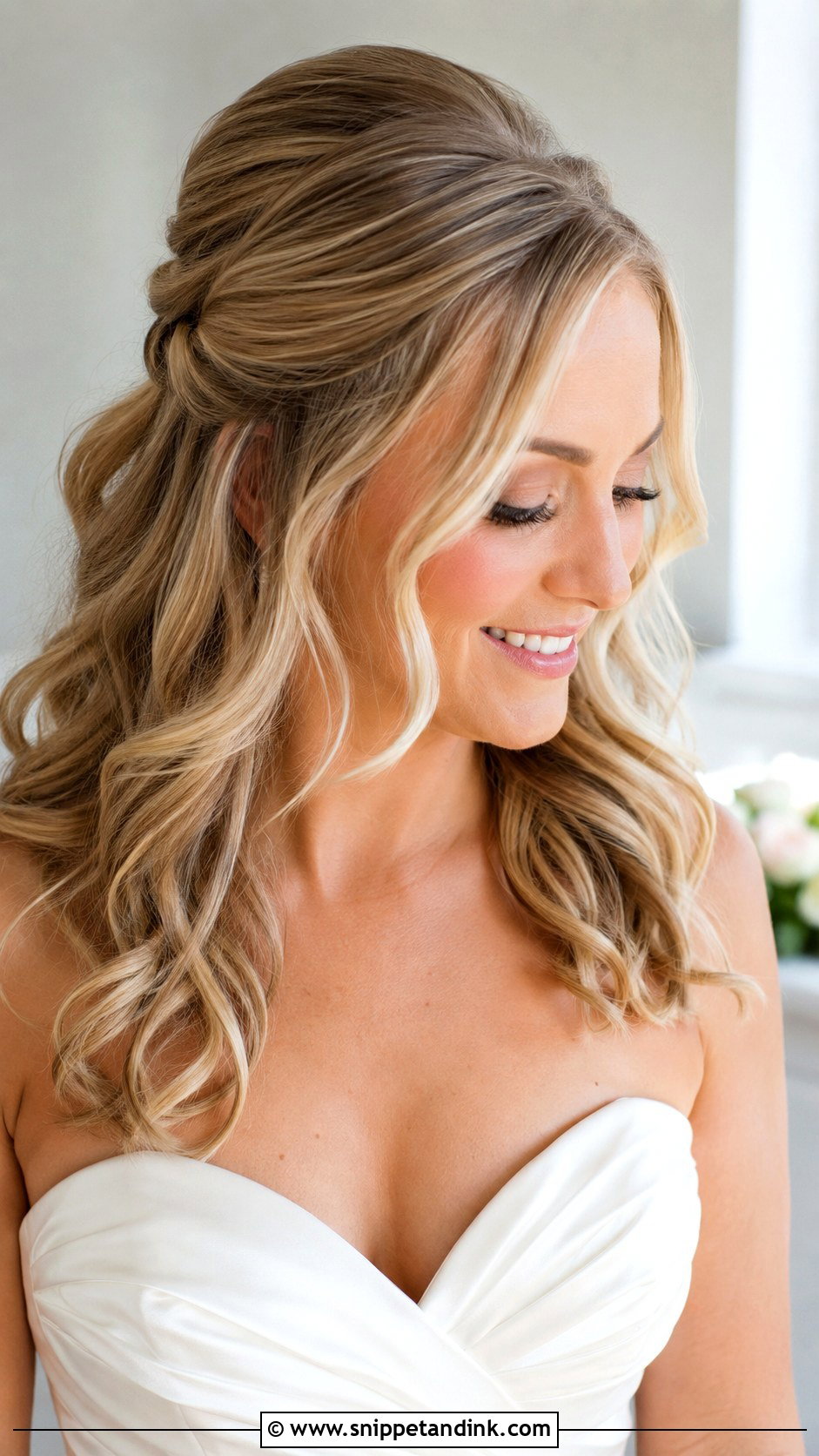 Mid Length Half Up Half Down Wedding Hair With Loose Curls - Snippet and Ink - 15 Mid Length Half-Up Half-Down Wedding Hair Ideas